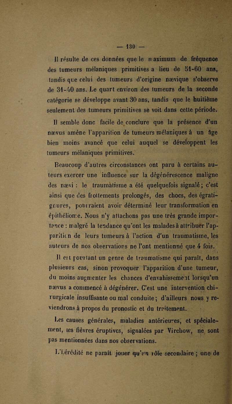 ]1 résulte de ces données que le n aximum de fréquence des tumeurs mélaniques primitives a lieu de 51-60 ans, tandis que celui des tumeurs d’origine nævique s’observe de 31-40 ans. Le quart environ des tumeurs de la seconde catégorie se développe avant 30 ans, tandis que le huitième seulement des tumeurs primitives se voit dans cette période. Il semble donc facile de conclure que la présence d’un nævus amène l’apparition de tumeurs mélaniques à un âge bien moins avancé que celui auquel se développent les « tumeurs mélaniques primitives. Beaucoup d’autres circonstances ont paru à certains au¬ teurs exercer une influence sur la dégénérescence maligne des nævi : le traumatisme a été quelquefois signalé; c’est ainsi que des frottements prolongés, des chocs, des égrati- gnures, pourraient avoir déterminé leur transformation en épithéliorre. Nous n’y attachons pas une très grande impor¬ tance : malgré la tendance qu’ont les malades à attribuer l’ap- pariticn de leurs tumeurs à l’action d’un traumatisme, les auteurs de nos observations ne l’ont mentionné que 4 fois. i 11 est pourtant un genre de traumatisme qui paraît, dans plusieurs cas, sinon provoquer l’apparition d’une tumeur, du moins augmenter les chances d’envahissement lorsqu’un nævus a commencé à dégénérer. C’est une intervention chi¬ rurgicale insuffisante ou mal conduite ; d’ailleurs nous y re¬ viendrons à propos du pronostic et du traitement. Les causes générales, maladies antérieures, et spéciale¬ ment, les fièvres éruptives, signalées par Virchow, ne sont pas mentionnées dans nos observations. L'hérédité ne paraît jouer quVu rôle secondaire ; une de