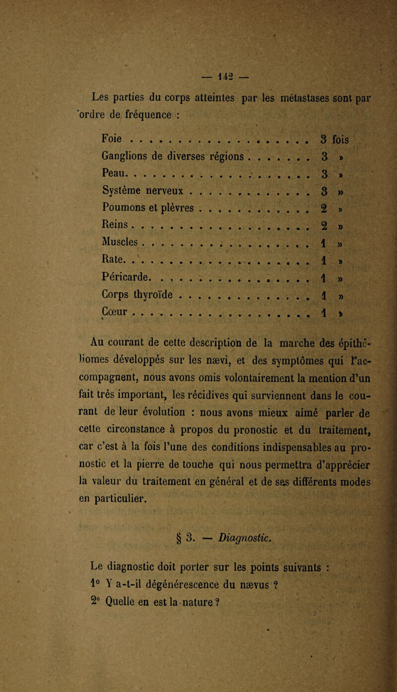 Les parties du corps atteintes par les métastases sont par ordre de fréquence : Foie. 3 fois Ganglions de diverses régions.3 » Peau.•.3 » Système nerveux. 3 » Poumons et plèvres. 2 » Reins...2 » Muscles. 1 » Rate.1 » Péricarde. . » . . ..1 » Corps thyroïde.1 » Cœur. 1 4 Au courant de cette description de la marche des épithc- homes développés sur les nævi, et des symptômes qui Rac¬ compagnent, nous avons omis volontairement la mention d’un fait très important, les récidives qui surviennent dans le cou¬ rant de leur évolution : nous avons mieux aimé parler de cette circonstance à propos du pronostic et du traitement, car c’est à la fois l’une des conditions indispensables au pro¬ nostic et la pierre de touche qui nous permettra d’apprécier la valeur du traitement en général et de sas différents modes en particulier. ' '• : ' '• • - ‘ : :';V \ . . § 3. — Diagnostic. Le diagnostic doit porter sur les points suivants : 1° Y a-t-il dégénérescence du nævus ? 2° Quelle en est la nature ?
