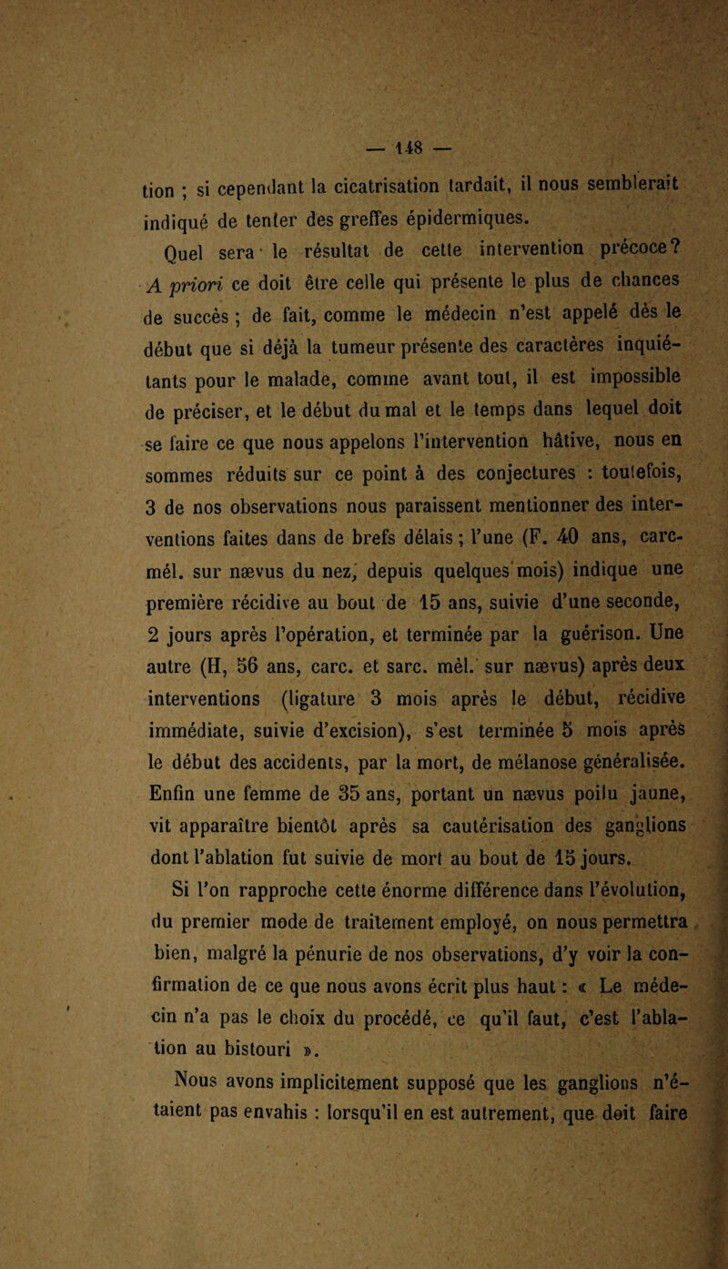 tion ; si cependant la cicatrisation tardait, il nous semblerait indiqué de tenter des greffes épidermiques. Quel sera le résultat de cette intervention précoce? A priori ce doit être celle qui présente le plus de chances de succès ; de fait, comme le médecin n’est appelé dès le début que si déjà la tumeur présente des caractères inquié¬ tants pour le malade, comme avant tout, il est impossible de préciser, et le début du mal et le temps dans lequel doit se faire ce que nous appelons l’intervention hâtive, nous en sommes réduits sur ce point à des conjectures : toutefois, 3 de nos observations nous paraissent mentionner des inter¬ ventions faites dans de brefs délais ; Tune (F. 40 ans, carc- mél. sur nævus du nez, depuis quelques*mois) indique une première récidive au bout de 15 ans, suivie d’une seconde, 2 jours après l’opération, et terminée par la guérison. Une autre (H, 56 ans, carc. et sarc. mèl. sur nævus) après deux interventions (ligature 3 mois après le début, récidive immédiate, suivie d’excision), s’est terminée 5 mois après le début des accidents, par la mort, de mélanose généralisée. Enfin une femme de 35 ans, portant un nævus poilu jaune, vit apparaître bientôt après sa cautérisation des ganglions dont Tablation fut suivie de mort au bout de 15 jours. Si l’on rapproche cette énorme différence dans l’évolution, du premier mode de traitement employé, on nous permettra bien, malgré la pénurie de nos observations, d’y voir la con¬ firmation de ce que nous avons écrit plus haut : « Le méde¬ cin n’a pas le choix du procédé/ce qu’il faut, c’est l’abla¬ tion au bistouri ». Nous avons implicitement supposé que les ganglions n’é¬ taient pas envahis : lorsqu’il en est autrement, que doit faire