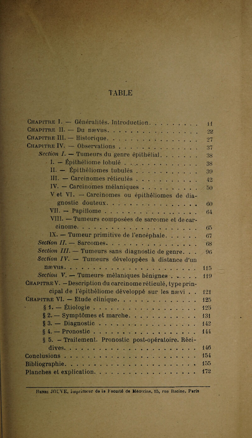 TABLE Chapitre I. — Généralités. Introduction. ........ \\ Chapitre II. — Du nævus. 22 Chapitre III. — Historique. .. 07 Chapitre IV. — Observations. 37 Section I. — Tumeurs du genre épithélial. 38 I. — Épithéliome lobulé . .. 38 II. — Épithéliomes tubulés. 39 III. — Carcinomes réticulés.»... 42 IV. — Carcinomes mélaniques. 50 V et VI. — Carcinomes ou épithéliomes de dia¬ gnostic douteux. 60 VII. — Papillome. 64 VIII. —Tumeurs composées de sarcome et de car¬ cinome. 65 IX. — Tumeur primitive de l’encéphale. 67 Section II. — Sarcomes. 68 Section III. — Tumeurs sans diagnostic de genre. . . 96 Section IV. — Tumeurs développées à distance d'un nævus. 115 Section V. — Tumeurs mélaniques bénignes 119 Chapitre V. — Description du carcinome réticulé, type prin¬ cipal de répithéliome développé sur les nævi . . 121 Chapitre VI. — Etude clinique.125 § 1. — Étiologie.125 § 2. — Symptômes et marche.131 § 3. — Diagnostic.142 § 4. — Pronostic.144 § 5. — Traitement. Pronostic post-opératoire. Réci¬ dives.146 Conclusions.154 Bibliographie.155 Planches et explication.172 Henri JOL'VE, Imprimeur da ia Faculté de Médecine, 15, rue Racine, Paris