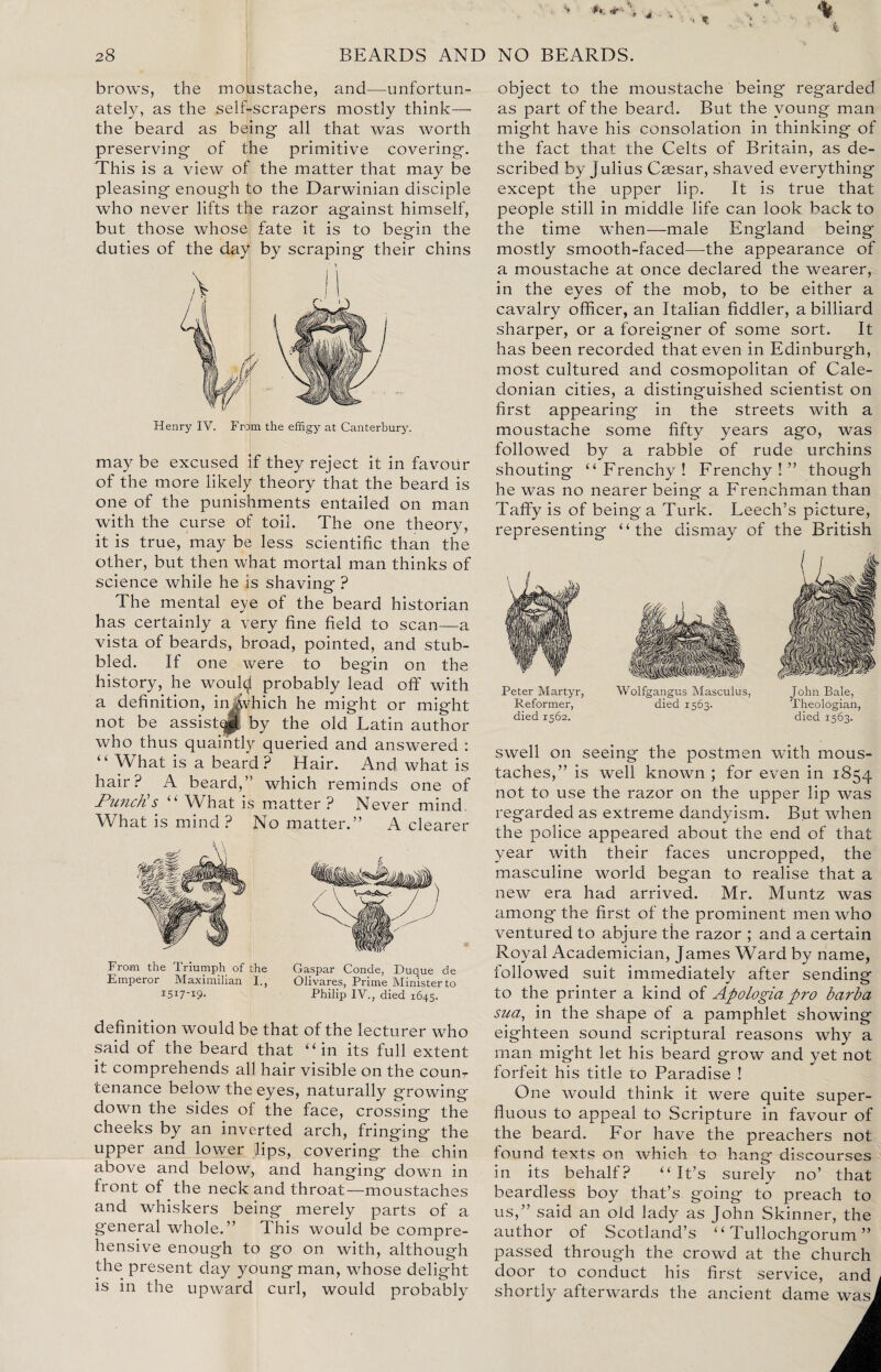 brows, the moustache, and—unfortun¬ ately, as the self-scrapers mostly think— the beard as being- all that was worth preserving of the primitive covering. This is a view of the matter that may be pleasing enough to the Darwinian disciple who never lifts the razor against himself, but those whose fate it is to begin the duties of the day by scraping their chins Henry IV. From the effigy at Canterbury. may be excused if they reject it in favour of the more likely theory that the beard is one of the punishments entailed on man with the curse of toil. The one theory, it is true, may be less scientific than the other, but then what mortal man thinks of science while he is shaving ? The mental eye of the beard historian has certainly a very fine field to scan—a vista of beards, broad, pointed, and stub- bled. If one were to begin on the history, he would probably lead off with a definition, in^vhich he might or might not be assist^p by the old Latin author who thus quaintly queried and answered : “ What is a beard? Hair. And what is hair? A beard,” which reminds one of Punch!s “ What is matter? Never mind. What is mind ? No matter.” A clearer From the Triumph of the Caspar Conde, Duque de Emperor Maximilian I., Olivares, Prime Minister to 1517-19- Philip IV., died 1645. definition would be that of the lecturer who said of the beard that “in its full extent it comprehends all hair visible on the counT tenance below the eyes, naturally growing down the sides of the face, crossing the cheeks by an inverted arch, fringing the upper and lower lips, covering the chin above and below, and hanging down in front of the neck and throat—moustaches and whiskers being merely parts of a general whole.” This would be compre¬ hensive enough to go on with, although the present day young man, whose delight is in the upward curl, would probably object to the moustache being regarded as part of the beard. But the young man might have his consolation in thinking of the fact that the Celts of Britain, as de¬ scribed by Julius Caesar, shaved everything except the upper lip. It is true that people still in middle life can look back to the time when—male England being mostly smooth-faced—the appearance of a moustache at once declared the wearer, in the eyes of the mob, to be either a cavalry officer, an Italian fiddler, a billiard sharper, or a foreigner of some sort. It has been recorded that even in Edinburgh, most cultured and cosmopolitan of Cale¬ donian cities, a distinguished scientist on first appearing in the streets with a moustache some fifty years ago, was followed by a rabble of rude urchins shouting “ Frenchy ! Frenchy!” though he was no nearer being a Frenchman than Taffy is of being a Turk. Leech’s picture, representing “the dismay of the British Peter Martyr, Reformer, died 1562. Woifgangus Masculus, John Bale, died 1563. Theologian, died 1563. swell on seeing the postmen with mous¬ taches,” is well known ; for even in 1854 not to use the razor on the upper lip was regarded as extreme dandyism. But when the police appeared about the end of that year with their faces uncropped, the masculine world began to realise that a new era had arrived. Mr. Muntz was among the first of the prominent men who ventured to abjure the razor ; and a certain Royal Academician, James Ward by name, followed suit immediately after sending to the printer a kind of Apologia pro barba sua, in the shape of a pamphlet showing eighteen sound scriptural reasons why a man might let his beard grow and yet not forfeit his title to Paradise ! One would think it were quite super¬ fluous to appeal to Scripture in favour of the beard. For have the preachers not found texts on which to hang discourses in its behalf? “It’s surely no’ that beardless boy that’s going to preach to us,” said an old lady as John Skinner, the author of Scotland’s “ Tullochgorum ” passed through the crowd at the church door to conduct his first service, and shortly afterwards the ancient dame was,