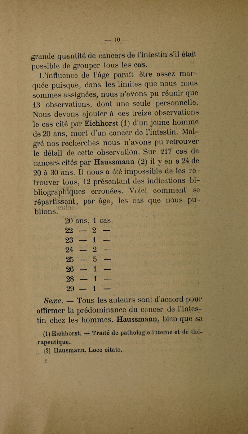 grande quantité de cancers de l’intestin's’il était possible de grouper tous les cas. L’influence de l’âge paraît être assez mar¬ quée puisque, dans les limites que nous nous sommes assignées, nous n’avons pu réunir que 13 observations, dont une seule personnelle. Nous devons ajouter à ces treize observations le cas cité par Eichhorst (1) d’un jeune homme de 20 ans, mort d’un cancer de l’intestin. Mal- . gré nos recherches nous n’avons pu retrouver le détail de cette observation. Sur 217 cas de cancers cités par Haussmann (2) il y en a 24 de 20 à 30 ans. Il nous a été impossible de les re¬ trouver tous, 12 présentant des indications bi- bliograpnîques erronées. Voici comment se répartissent, par âge, les cas que nous pu- blions. 20 ans, 1 cas. 22 — 2 — 23 — 1 — 24 — 2 — 25 — 5 — 26 — 1 — 28 — 1 — 29 — 1 — Seæe. — Tous les auteurs sont d’accord pour affirmer Va prédominance du cancer de l’intes¬ tin chez les hommes. Haussmann, bien que sa (Ij Eichhorst. — Traité de pathologie interne et de the- rapeutique. (2) Hausmanru Loco citato.