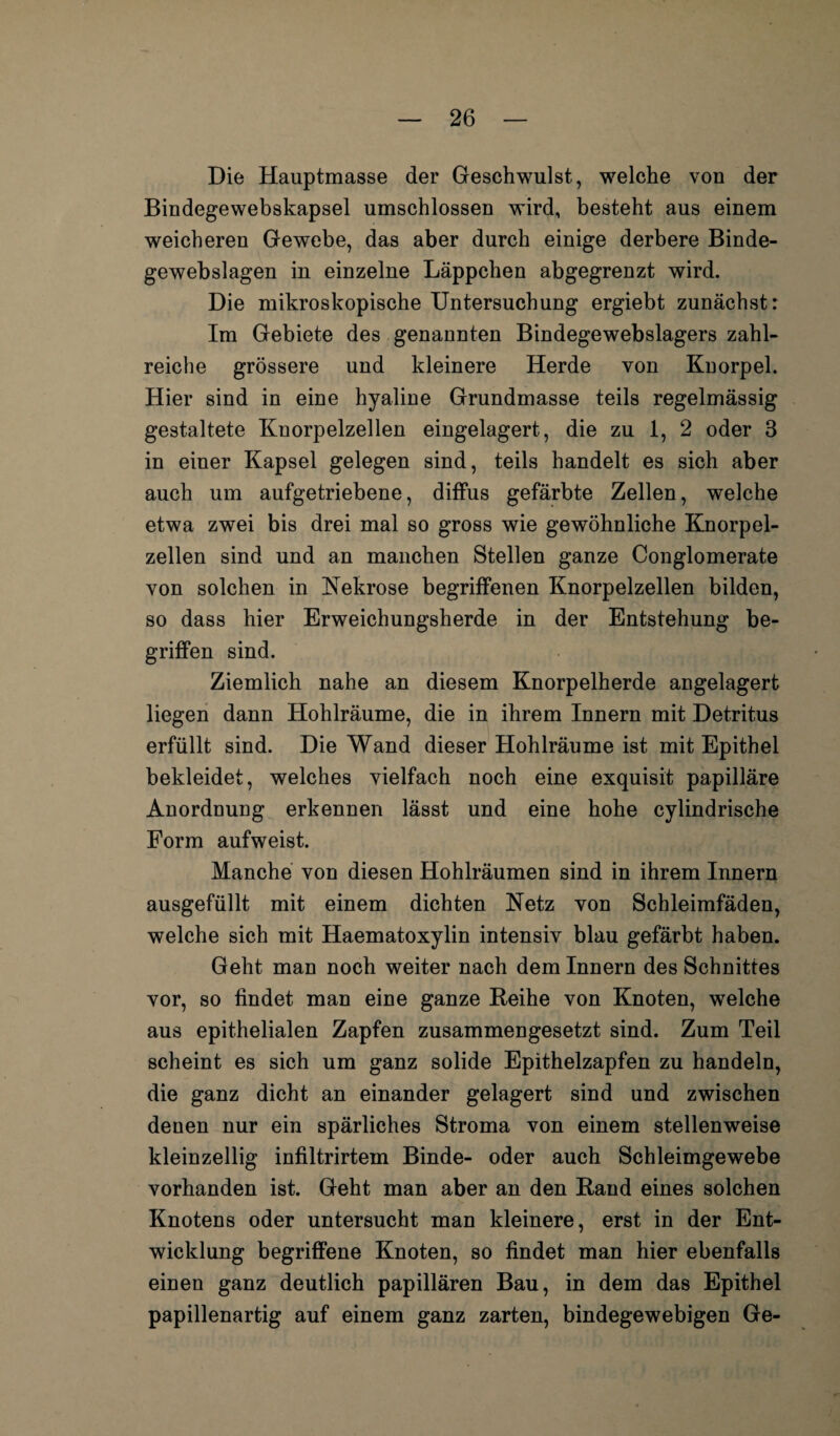 Die Hauptmasse der Geschwulst, welche von der Bindegewebskapsel umschlossen wird, besteht aus einem weicheren Gewebe, das aber durch einige derbere Binde- gewebslagen in einzelne Läppchen abgegrenzt wird. Die mikroskopische Untersuchung ergiebt zunächst: Im Gebiete des genannten Bindegewebslagers zahl¬ reiche grössere und kleinere Herde von Knorpel. Hier sind in eine hyaline Grundmasse teils regelmässig gestaltete Kuorpelzellen eingelagert, die zu 1, 2 oder 3 in einer Kapsel gelegen sind, teils handelt es sich aber auch um aufgetriebene, diffus gefärbte Zellen, welche etwa zwei bis drei mal so gross wie gewöhnliche Knorpel¬ zellen sind und an manchen Stellen ganze Conglomerate von solchen in Nekrose begriffenen Knorpelzellen bilden, so dass hier Erweichungsherde in der Entstehung be¬ griffen sind. Ziemlich nahe an diesem Knorpelherde angelagert liegen dann Hohlräume, die in ihrem Innern mit Detritus erfüllt sind. Die Wand dieser Hohlräume ist mit Epithel bekleidet, welches vielfach noch eine exquisit papilläre Anordnung erkennen lässt und eine hohe cylindrische Form aufweist. Manche von diesen Hohlräumen sind in ihrem Innern ausgefüllt mit einem dichten Netz von Schleimfäden, welche sich mit Haematoxylin intensiv blau gefärbt haben. Geht man noch weiter nach dem Innern des Schnittes vor, so findet man eine ganze Reihe von Knoten, welche aus epithelialen Zapfen zusammengesetzt sind. Zum Teil scheint es sich um ganz solide Epithelzapfen zu handeln, die ganz dicht an einander gelagert sind und zwischen denen nur ein spärliches Stroma von einem stellenweise kleinzellig infiltrirtem Binde- oder auch Schleimgewebe vorhanden ist. Geht man aber an den Rand eines solchen Knotens oder untersucht man kleinere, erst in der Ent¬ wicklung begriffene Knoten, so findet man hier ebenfalls einen ganz deutlich papillären Bau, in dem das Epithel papillenartig auf einem ganz zarten, bindegewebigen Ge-