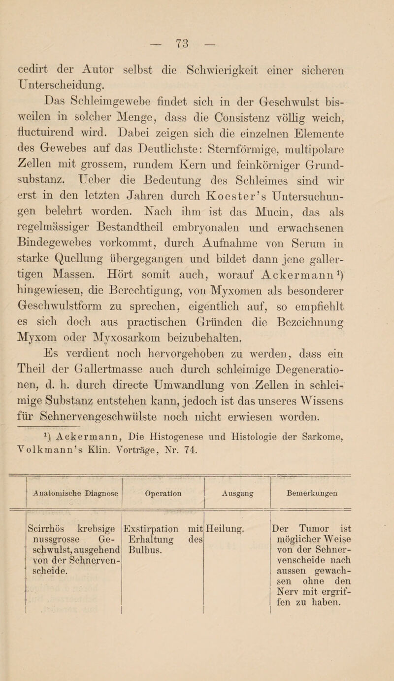 cedirt der Autor selbst die Schwierigkeit einer sicheren U nterscheidung. Das Schleimgewebe findet sich in der Geschwulst bis¬ weilen in solcher Menge, dass die Consistenz völlig weich, fluctuirend wird. Dabei zeigen sich die einzelnen Elemente des Gewebes auf das Deutlichste: Sternförmige, multipolare Zellen mit grossem, rundem Kern und feinkörniger Grund¬ substanz. lieber die Bedeutung des Schleimes sind wir erst in den letzten Jahren durch Koester’s Untersuchun¬ gen belehrt worden. Nach ihm ist das Mucin, das als regelmässiger Bestandtheil embryonalen und erwachsenen Bindegewebes vorkommt, durch Aufnahme von Serum in starke Quellung übergegangen und bildet dann jene galler¬ tigen Massen. Hört somit auch, worauf Ackermann1) hingewiesen, die Berechtigung, von Myxomen als besonderer Geschwulstform zu sprechen, eigentlich auf, so empfiehlt es sich doch aus practischen Gründen die Bezeichnung Myxom oder Myxosarkom beizubehalten. Es verdient noch hervorgehoben zu werden, dass ein Theil der Gallertmasse auch durch schleimige Degeneratio¬ nen, d. h. durch directe Umwandlung von Zellen in schlei¬ mige Substanz entstehen kann, jedoch ist das unseres Wissens für Sehnervengeschwülste noch nicht erwiesen worden. 1 Ackermann, Die Histogenese und Histologie der Sarkome, Volkmann’s Klin. Vorträge, Nr. 74. Anatomische Diagnose Operation Ausgang Bemerkungen Scirrhös krebsige nussgrosse Ge¬ schwulst, ausgehend von der Sehnerven¬ scheide. Exstirpation Erhaltung Bulbus. mit des Heilung. Der Tumor ist möglicher Weise von der Sehner¬ venscheide nach aussen gewach¬ sen ohne den Nerv mit ergrif¬ fen zu haben.