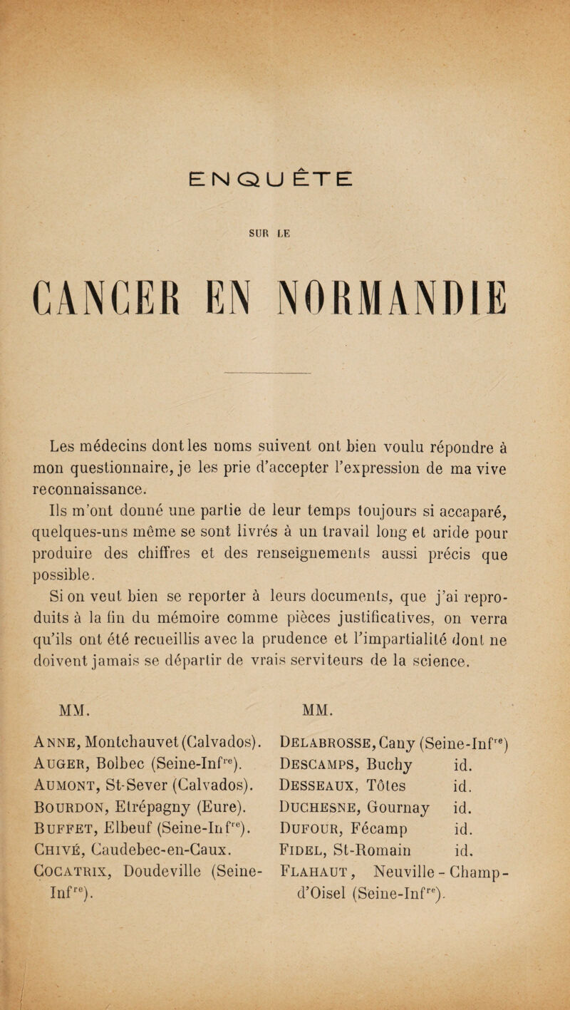 EN QU ETE SUR LE CANCER EN NORMANDIE Les médecins dont les noms suivent ont bien voulu répondre à mon questionnaire, je les prie d’accepter l’expression de ma vive reconnaissance. Ils m’ont donné une partie de leur temps toujours si accaparé, quelques-uns même se sont livrés à un travail long et aride pour produire des chiffres et des renseignements aussi précis que possible. Si on veut bien se reporter à leurs documents, que j’ai repro¬ duits à la lin du mémoire comme pièces justificatives, on verra qu’ils ont été recueillis avec la prudence et l’impartialité dont ne doivent jamais se départir de vrais serviteurs de la science. MM. Anne, Montchauvet (Calvados). Auger, Bolbec (Seine-Infre). Aumont, St-Sever (Calvados). Bourdon, Etrépagny (Eure). Buffet, Elbeuf (Seine-Infrc). Chivé, Caudebec-en-Caux. Gocatrix, Doudeville (Seine- Infre). MM. DELABROSSE,Cany (Seine-Infre) Descamps, Buchy id. Desseaux, Têtes id. Duchesne, Gournay id. Dufour, Fécarnp id. Fidel, St-Romain id. Flahaut , Neuville - Champ - d’Oisel (Seine-Infre).