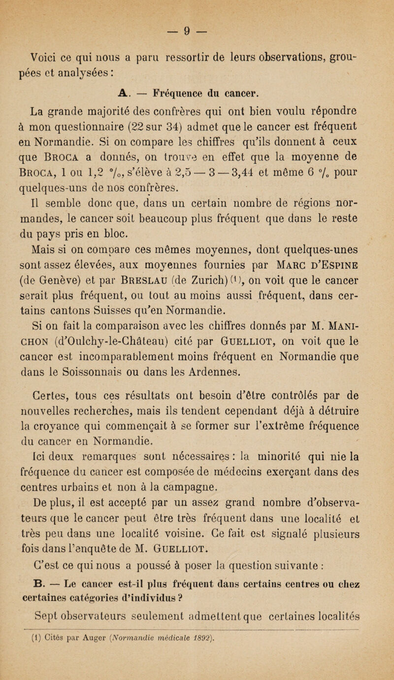 Voici ce qui nous a paru ressortir de leurs observations, grou¬ pées et analysées : A. — Fréquence du cancer. La grande majorité des confrères qui ont bien voulu répondre à mon questionnaire (22 sur 34) admet que le cancer est fréquent en Normandie. Si on compare les chiffres qu'ils donnent à ceux que Broca a donnés, on trouve en effet que la moyenne de Broca, 1 ou 1,2 %, s’élève à 2,5— 3 — 3,44 et même 6 % pour quelques-uns de nos confrères. Il semble donc que, dans un certain nombre de régions nor¬ mandes, le cancer soit beaucoup plus fréquent que dans le reste du pays pris en bloc. Mais si on compare ces mêmes moyennes, dont quelques-unes sont assez élevées, aux moyennes fournies par Marc d’Espine (de Genève) et par Breslau (de Zurich) (G, on voit que le cancer serait plus fréquent, ou tout au moins aussi fréquent, dans cer¬ tains cantons Suisses qu’en Normandie. Si on fait la comparaison avec les chiffres donnés par M. Mani- chon (d’Oulchy-le-Château) cité par Guelliot, on voit que le cancer est incomparablement moins fréquent en Normandie que dans le Soissonnais ou dans les Ardennes. Certes, tous ces résultats ont besoin d’être contrôlés par de nouvelles recherches, mais ils tendent cependant déjà à détruire la croyance qui commençait à se former sur l’extrême fréquence du cancer en Normandie. Ici deux remarques sont nécessaires : la minorité qui nie la fréquence du cancer est composée de médecins exerçant dans des centres urbains et non à la campagne. De plus, il est accepté par un assez grand nombre d’observa¬ teurs que le cancer peut être très fréquent dans une localité et très peu dans une localité voisine. Ce fait est signalé plusieurs fois dans l’enquête de M. Guelliot. C’est ce qui nous a poussé à poser la question suivante : B. — Le cancer est-il plus fréquent dans certains centres ou chez certaines catégories d’individus ? Sept observateurs seulement admettent que certaines localités (1) Cités par Auger (Normandie médicale 1892).