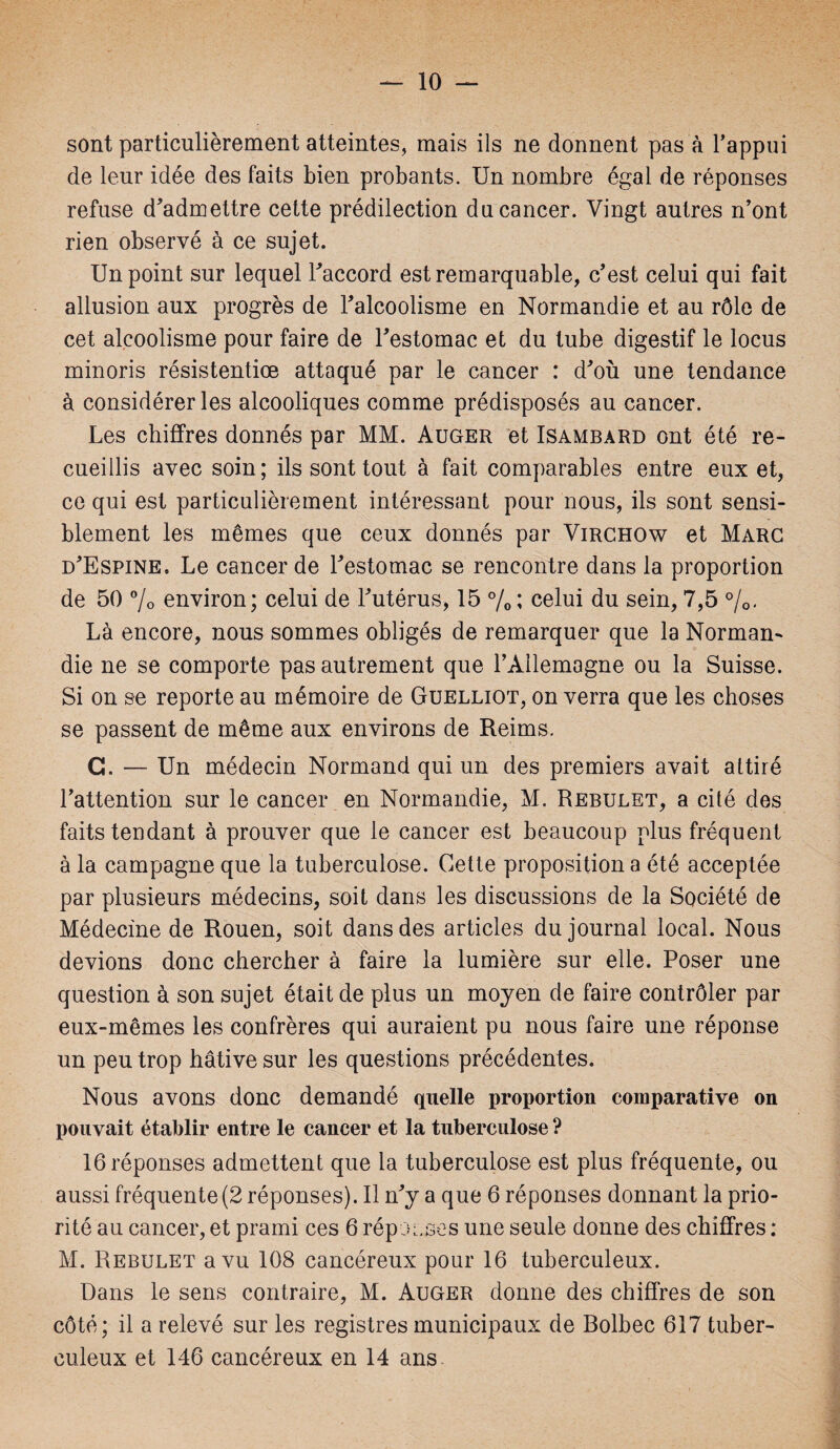 sont particulièrement atteintes, mais ils ne donnent pas à l'appui de leur idée des faits bien probants. Un nombre égal de réponses refuse d'admettre cette prédilection du cancer. Vingt autres n’ont rien observé à ce sujet. Un point sur lequel l'accord est remarquable, c'est celui qui fait allusion aux progrès de l'alcoolisme en Normandie et au rôle de cet alcoolisme pour faire de l'estomac et du tube digestif le locus minoris résistentiœ attaqué par le cancer : d'où une tendance à considérer les alcooliques comme prédisposés au cancer. Les chiffres donnés par MM. Auger et Isambard ont été re¬ cueillis avec soin; ils sont tout à fait comparables entre eux et, ce qui est particulièrement intéressant pour nous, ils sont sensi¬ blement les mêmes que ceux donnés par Virchow et Marc d'Espine, Le cancer de l'estomac se rencontre dans la proportion de 50 % environ; celui de l'utérus, 15 % ; celui du sein, 7,5 %. Là encore, nous sommes obligés de remarquer que la Norman¬ die ne se comporte pas autrement que l’Allemagne ou la Suisse. Si on se reporte au mémoire de Guelliot, on verra que les choses se passent de même aux environs de Reims. G. — Un médecin Normand qui un des premiers avait attiré l’attention sur le cancer en Normandie, M. Rebulet, a cité des faits tendant à prouver que le cancer est beaucoup plus fréquent à la campagne que la tuberculose. Cette proposition a été acceptée par plusieurs médecins, soit dans les discussions de la Société de Médecine de Rouen, soit dans des articles du journal local. Nous devions donc chercher à faire la lumière sur elle. Poser une question à son sujet était de plus un moyen de faire contrôler par eux-mêmes les confrères qui auraient pu nous faire une réponse un peu trop hâtive sur les questions précédentes. Nous avons donc demandé quelle proportion comparative on pouvait établir entre le cancer et la tuberculose ? 16 réponses admettent que la tuberculose est plus fréquente, ou aussi fréquente (2 réponses). Il n'y a que 6 réponses donnant la prio¬ rité au cancer, et prami ces 6 réponses une seule donne des chiffres : M. Rebulet a vu 108 cancéreux pour 16 tuberculeux. Dans le sens contraire, M. Auger donne des chiffres de son côté; il a relevé sur les registres municipaux de Bolbec 617 tuber¬ culeux et 146 cancéreux en 14 ans