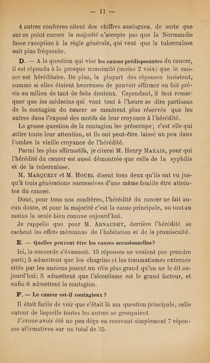 4 autres confrères citent des chiffres analogues, de sorte que sur ce point encore la majorité n'accepte pas que la Normandie fasse exception à la règle générale, qui veut que la tuberculose soit plus fréquente. D. — A la question qui vise les causes prédisposantes du cancer, il est répondu à la presque unanimité (moins 2 voix) que le can¬ cer est héréditaire. De plus, la plupart des réponses insistent, comme si elles étaient heureuses de pouvoir affirmer un fait pré¬ cis au milieu de tant de faits douteux. Cependant, il faut remar¬ quer que les médecins qui vont tout à l'heure se dire partisans de la contagion du cancer se montrent plus réservés que les autres dans l'exposé des motifs de leur croyance à l’hérédité. La grosse question de la contagion les préoccupe ; c'est elle qui attire toute leur attention, et ils ont peut-être laissé un peu dans l’ombre la vieille croyance de l'hérédité. Parmi les plus affirmatifs, je citerai M. Henry Marais, pour qui l’hérédité du cancer est aussi démontrée que celle de la syphilis et de la tuberculose. M. Marquezy et M. Houel disent tous deux qu'ils ont vu jus¬ qu'à trois générations successives d'une même famille être attein¬ tes du cancer. Donc, pour tous nos confrères, l'hérédité du cancer ne fait au¬ cun doute, et pour la majorité c'est la cause principale, ou tout au moins la seule bien connue aujourd’hui. Je rappelle que pour M. Arnaudet, derrière l'hérédité se cachent les effets méconnus de l’habitation et de la promiscuité. E. — Quelles peuvent être les causes occasionnelles? Ici, la concorde s'évanouit. 15 réponses ne veulent pas prendre parti; 5 admettent que les chagrins et les traumatismes externes cités par les anciens jouent un rôle plus grand qu'on ne le dit au¬ jourd'hui; 5 admettent que l'alcoolisme est le grand facteur, et enfin 6 admettent la contagion. F, — Le cancer est-il contagieux ? Il était facile de voir que c’était là ma question principale, celle autour de laquelle toutes les autres se groupaient. J’avoue avoir été un peu déçu en recevant simplement 7 répon¬ ses affirmatives sur un total de 35.