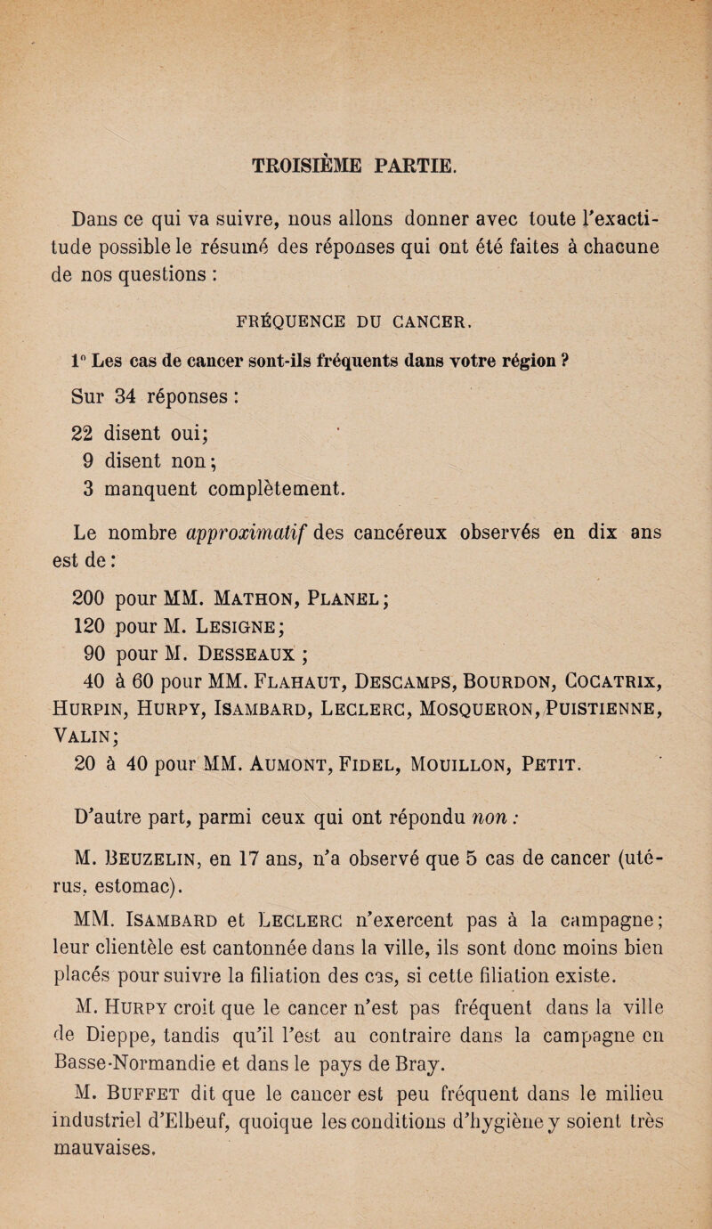 Dans ce qui va suivre, nous allons donner avec toute l'exacti¬ tude possible le résumé des réponses qui ont été faites à chacune de nos questions : FRÉQUENCE DU CANCER. 1° Les cas de cancer sont-ils fréquents dans votre région ? Sur 34 réponses : 22 disent oui; 9 disent non; 3 manquent complètement. Le nombre approximatif des cancéreux observés en dix ans est de : 200 pour MM. Mathon, Planel ; 120 pour M. Lesigne; 90 pour M. Desseaux ; 40 à 60 pour MM. Flahaut, Descamps, Bourdon, Cocatrix, Hurpin, Hurpy, Isambard, Leclerc, Mosqueron, Puistienne, Valin; 20 à 40 pour MM. Aumont, Fidel, Mouillon, Petit. D'autre part, parmi ceux qui ont répondu non : M. Beuzelin, en 17 ans, n'a observé que 5 cas de cancer (uté¬ rus. estomac). MM. Isambard et Leclerc n'exercent pas à la campagne ; leur clientèle est cantonnée dans la ville, ils sont donc moins bien placés pour suivre la filiation des cas, si cette filiation existe. M. Hurpy croit que le cancer n'est pas fréquent dans la ville de Dieppe, tandis qu'il l'est au contraire dans la campagne en Basse-Normandie et dans le pays de Bray. M. Buffet dit que le cancer est peu fréquent dans le milieu industriel d'Elbeuf, quoique les conditions d'hygiène y soient très mauvaises.