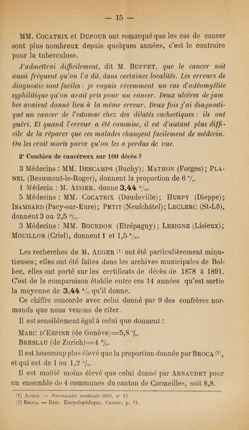 MM. Cocatrix et Dufour ont remarqué que les cas de cancer sont plus nombreux depuis quelques années, c’est le contraire pour la tuberculose. J'admettrai difficilement, dit M. Buffet, que le cancer soit aussi fréquent qu'on Va dit, dans certaines localités. Les erreurs de diagnostic sont faciles : je voyais récemment un cas d’ostéomyélite syphilitique qu'on avait pris pour un cancer. Veux ulcères dejam bes avaient donné lieu à la même erreur. Deux fois fai diagnosti¬ qué un cancer de l'estomac chez des dilatés cachectiques : ils ont guéri. Et quand l'erreur a été commise, il est d'autant plus diffi¬ cile de la réparer que ces malades changent facilement de médecin. On les croit morts parce qu'on les a perdus de vue. 2° Combien de cancéreux sur 100 décès ? 3 Médecins : MM. Descamps (Buchy); Mathon (Forges); Pla- nel (Beaumont-le-Roger), donnent la proportion de 6 %. I Médecin : M. Auger, donne 3,44 %. 5 Médecins : MM. Cocatrix (Doudeville); Hurpy (Dieppe) ; Isambard (Pacy-sur-Eure) ; Petit (Neufchâtel); Leclerc (St-Lô), donnent 3 ou 2,5 °/0. 3 Médecins: MM. Bourdon (Etrépagny); Lesigne (Lisieux); Mouillon (Criel), donnent 1 et 1,5 %. Les recherches de M. Auger (L ont été particulièrement minu¬ tieuses; elles ont été faites dans les archives municipales de Bol- bec, elles ont porté sur les certificats de décès de 1878 à 1891. C'est de la comparaison établie entre ces 14 années qu’est sortie la moyenne de 3,44 % qu'il donne. Ce chiffre concorde avec celui donné par 9 des confrères nor¬ mands que nous venons de citer. II est sensiblement égal à celui que donnent : Marc d’Espine (de Genève)=5,8 °/0. Breslau (de Zurich)=4 %. Il est beaucoup plus élevé que la proportion donnée par Broca CO, et qui est de 1 ou 1,2 %. Il est moitié moins élevé que celui donné par Arnaudet pour un ensemble de 4 communes du canton de Cormeilles, soit 8,8. (1) Auger. — Normandie médicale 1892, n° 17 (2) Broca.— Dict. Encyclopédique. Cancer, p. 71.