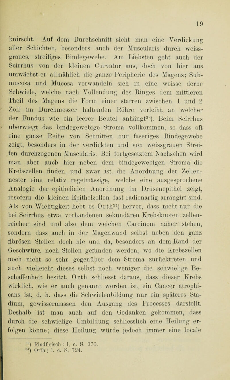 knirsclit. Auf dem Durchschnitt sieht man eine Yerdickiing aller Schichten, besonders auch der Miiscularis durch weiss¬ graues, streifiges i^indegewebe. Am Liebsten geht auch der Scirrhus yon der kleinen Curvatiir aus, doch von hier aus umwächst er allmählich die ganze Peripherie des Magens; Sub- niucosa und Mucosa verwandeln sich in eine weisse derbe Schwiele, Avelche nach Yollendung des Kinges dem mittleren Theil des Magens die Form einer starren zwischen 1 und 2 Zoll im Durchmesser haltenden Köhre verleiht, an welcher der Fundus wie ein leerer Beutel anhängt''^^). Beim Scirrhus überwiegt das bindegewebige Stroma vollkommen, so dass oft eine ganze Keihe von Schnitten nur faseriges Bindegewebe zeigt, besonders in der verdickten und von weissgrauen Strei¬ fen durchzogenen Miiscularis. Bei fortgesetztem Yachsehen wird man aber auch hier neben dem bindegewebigen Stroma die Krebszellen finden, und zwar ist die Anordnung der Zellen¬ nester eine relativ regelmässige, welche eine ausgesprochene Analogie der epithelialen Anordnung im Drüsenepithel zeigt, insofern die kleinen Epithelzellen fast radienartig arrangirt sind. Als von Wichtigkeit hebt es OrtlD^) hervor, dass nicht nur die bei Scirrhus etwa vorhandenen sekundären Krebsknoten zellen¬ reicher sind und also dem weichen Carcinom näher stehen, sondern dass auch in der Magenwand selbst neben den ganz fibrösen Stellen doch hie und da, besonders an dem Rand der Geschwüre, noch Stellen gefunden werden, wo die Krebszellen noch nicht so sehr gegenüber dem Stroma zurücktreten und auch vielleicht dieses selbst noch weniger die schwielige Be- schaflenheit besitzt. Orth schliesst daraus, dass dieser Krebs Avirklich, wie er auch genannt worden ist, ein Cancer atrophi¬ cans ist, d. h. dass die Schwielenbildung nur ein späteres Sta¬ dium, gewissermassen den Ausgang des Processes darstellt. Deshalb ist man auch auf den Gedanken gekommen, dass durch die schwielige Umbildung schliesslich eine Heilung er¬ folgen könne; diese Heilung würde jedoch immer eine locale '’b Rindfleisch : 1, c. S. 370. Orth: 1. c. S. 724.