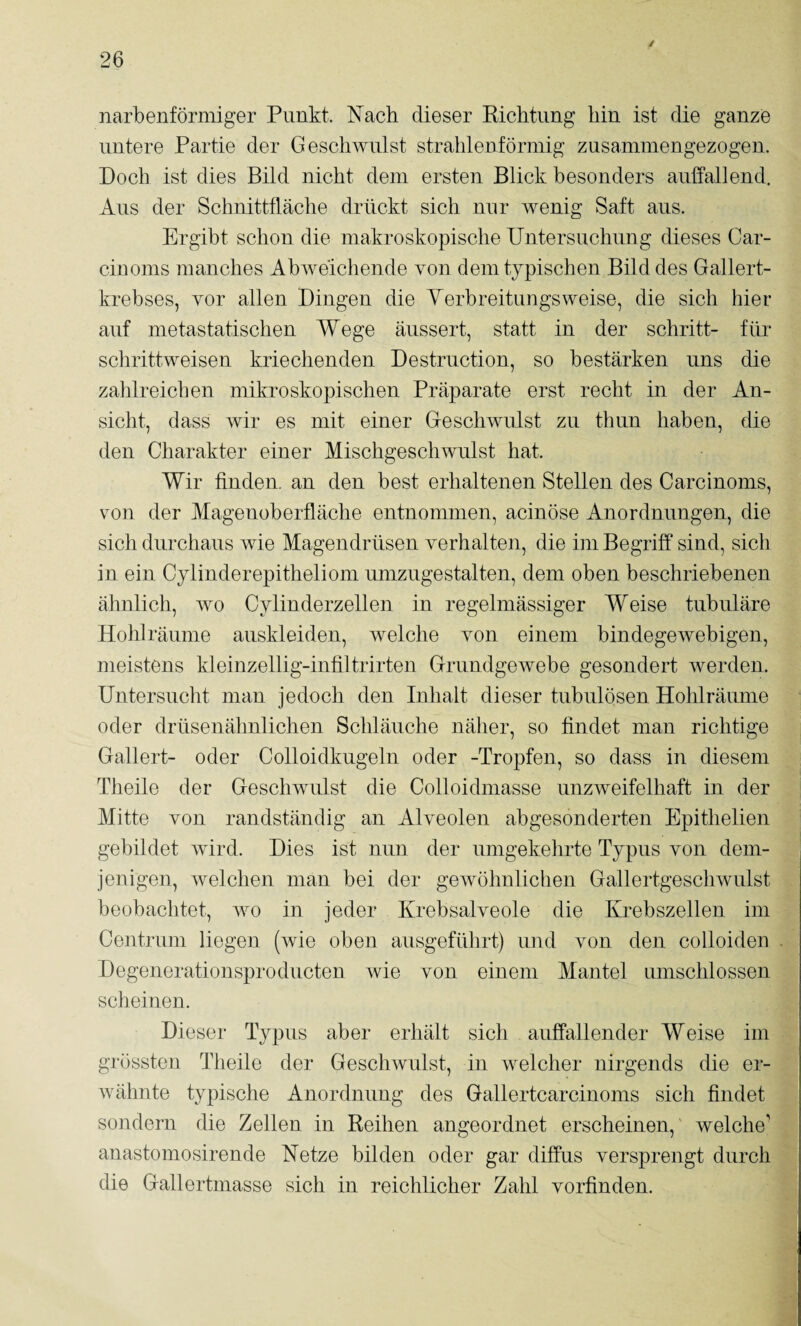 narbenförniiger Punkt. Nach dieser Kichtung hin ist die ganze untere Partie der Geschwulst strahlenförmig zusanimengezogen. Doch ist dies Bild nicht dem ersten Blick besonders auffallend. Aus der Schnittfläche drückt sich nur wenig Saft aus. Ergibt schon die makroskopische Untersuchung dieses Car- cinoms manches Abweichende von dem typischen Bild des Gallert¬ krebses, vor allen Dingen die Yerbreitungsweise, die sich hier auf metastatischen Wege äussert, statt in der schritt- für schrittweisen kriechenden Destruction, so bestärken uns die zahlreichen mikroskopischen Präparate erst recht in der An¬ sicht, dass wir es mit einer Geschwulst zu thun haben, die den Charakter einer Mischgeschwulst hat. Wir finden, an den best erhaltenen Stellen des Carcinoms, von der Magenoberfläche entnommen, acinöse Anordnungen, die sich durchaus wie Magendrüsen verhalten, die im Begriff sind, sich in ein Cylinderepitheliom umzugestalten, dem oben beschriebenen ähnlich, wo Cylinderzellen in regelmässiger Weise tubuläre Hohlräume auskleiden, welche von einem bindegewebigen, meistens kleinzellig-infiltrirten Grundgewebe gesondert werden. Untersucht man jedoch den Inhalt dieser tubulösen Hohlräume oder drüsenähnlichen Schläuche näher, so findet man richtige Gallert- oder Colloidkugeln oder -Tropfen, so dass in diesem Theile der Geschwulst die Colloidmasse unzweifelhaft in der Mitte von randständig an Alveolen abgesonderten Epithelien gebildet wird. Dies ist nun der umgekehrte Typus von dem¬ jenigen, welchen man bei der gewöhnlichen GallertgescliAvulst beobachtet, wo in jeder Krebsalveole die Krebszellen im Centrum liegen (wie oben ausgeführt) und von den colloiden Degenerationsproducten wie von einem Mantel umschlossen scheinen. Dieser Typus aber erhält sich auffallender Weise im grössten Theile der Geschwulst, in welcher nirgends die er¬ wähnte typische Anordnung des Gallertcarcinoms sich findet sondern die Zellen in Reihen angeordnet erscheinen, welche' anastomosirende Netze bilden oder gar diffus versprengt durch die Gallertmasse sich in reichlicher Zahl vorfinden.