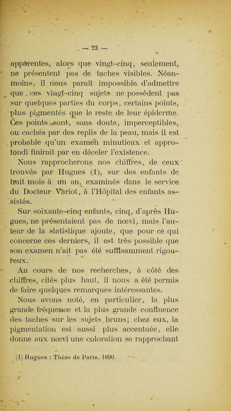 apparentes, alors que vingt-cinq, seulement, ne présentent pas de taches visibles. Néan¬ moins, il nous paraît impossible d’admettre que ces vingt-cinq sujets ne possèdent pas sur quelques parties du corps, certains points, plus pigmentés que le reste de leur épiderme. Ces points sont, sans doute, imperceptibles, ou cachés par des replis de la peau, mais il est probable qu’un examen minutieux et appro¬ fondi finirait par en déceler l’existence. Nous rapprocherons nos chiffres, de ceux trouvés par Hugues (1), sur des enfants de huit mois à un an, examinés dans le service du Docteur Variot, à l’Hôpital des enfants as¬ sistés. Sur soixante-cinq enfants, cinq, d’après Hu¬ gues, ne présentaient pas de nœvi, mais l’au¬ teur de la statistique ajoute, que pour ce qui concerne ces derniers, il est très possible que son examen n’ait pas été suffisamment rigou¬ reux. Au cours de nos recherches, à côté des chiffres, cités plus haut, il nous a été permis de faire quelques remarques intéressantes. Nous avons noté, en particulier, la plus grande fréquence et la plus grande confluence des taches sur les sujets bruns; chez eux, la pigmentation est aussi plus accentuée, elle donne aux nœvi une coloration se rapprochant (1) Hugues : Thèse de Paris, 1890.