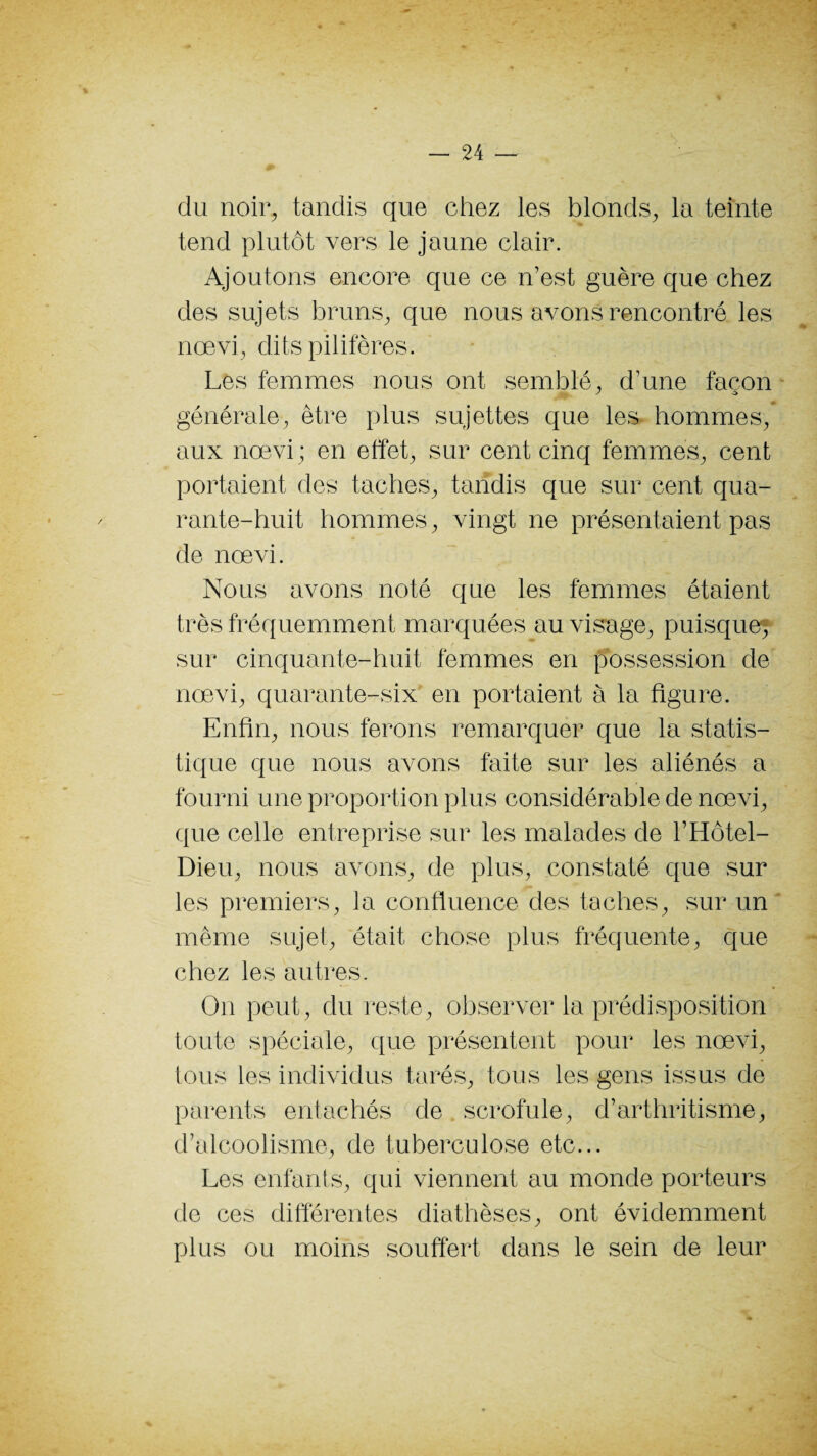 % — 24 — du noir, tandis que chez les blonds, la teinte tend plutôt vers le jaune clair. Ajoutons encore que ce n’est guère que chez des sujets bruns, que nous avons rencontré les nœvi, dits pilifères. Les femmes nous ont semblé, d’une façon y o générale, être plus sujettes que les hommes, aux nœvi; en effet, sur cent cinq femmes, cent portaient des taches, tandis que sur cent qua¬ rante-huit hommes, vingt ne présentaient pas de nœvi. Nous avons noté que les femmes étaient très fréquemment marquées au visage, puisque, sur cinquante-huit femmes en possession de nœvi, quarante-six en portaient à la figure. Enfin, nous ferons remarquer que la statis¬ tique que nous avons faite sur les aliénés a fourni une proportion plus considérable de nœvi, que celle entreprise sur les malades de l’Hôtel- Dieu, nous avons, de plus, constaté que sur les premiers, la confluence des taches, sur un même sujet, était chose plus fréquente, que chez les autres. On peut, du reste, observer la prédisposition toute spéciale, que présentent pour les nœvi, tous les individus tarés, tous les gens issus de parents entachés de scrofule, d’arthritisme, d’alcoolisme, de tuberculose etc... Les enfants, qui viennent au monde porteurs de ces différentes diathèses, ont évidemment plus ou moins souffert dans le sein de leur