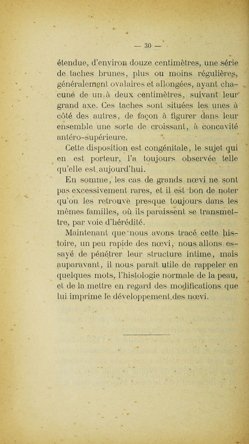 — 30 — étendue, d’environ douze centimètres, une série de taches brunes, plus ou moins régulières, généralement ovalaires et allongées, ayant cha¬ cune de un à deux centimètres, suivant leur grand axe. Ces taches sont situées les unes à côté des autres, de façon à figurer dans leur ensemble une sorte de croissant, à concavité antéro-supérieure. Cette disposition est congénitale, le sujet qui en est porteur, l’a toujours observée telle qu’elle est aujourd’hui. En somme, les cas de grands nœvi ne sont pas excessivement rares, et il est bon de noter qu’on les retrouve presque toujours dans les mêmes familles, où ils paraissent se transmet¬ tre, par voie d’hérédité. Maintenant que nous avons tracé cette his¬ toire, un peu rapide des nœvi, nous allons es¬ sayé de pénétrer leur structure intime, mais auparavant, il nous paraît utile de rappeler en quelques mots, l’histologie normale de la peau, et de la mettre en regard des modifications que lui imprime le développement des nœvi.