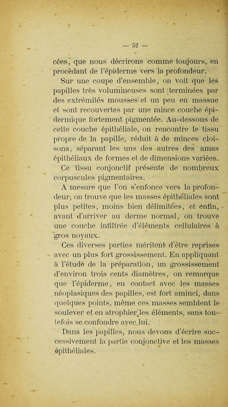 cées, que nous décrirons comme toujours, en procédant de l’épiderme vers la profondeur. Sur une coupe d’ensemble, on voit que les papilles très volumineuses sont ( terminées par des extrémités mousses et un peu en massue et sont recouvertes par une mince couche épi¬ dermique fortement pigmentée. Au-dessous de cette couche épithéliale, on rencontre le tissu propre de la papille, réduit à de minces cloi¬ sons, séparant les uns des autres des amas épithéliaux de formes et de dimensions variées. Ce tissu conjonctif présente de nombreux corpuscules pigmentaires. A mesure que l’on s’enfonce vers la profon¬ deur, on trouve que les masses épithéliales sont plus petites, moins bien délimitées, et enfin, avant d’arriver au derme normal, on trouve une couche infiltrée d’éléments cellulaires à gros noyaux. Ces diverses parties méritent d’être reprises avec un plus fort grossissement. En appliquant ■ à l’étude de la préparation, un grossissement d’environ trois cents diamètres, on remarque que l’épiderme, en contact avec les masses néoplasiques des papilles, est fort aminci, dans quelques points, même ces masses semblent le soulever et en atrophierdes éléments, sans tou¬ tefois se confondre avec lui. Dans les papilles, nous devons d’écrire suc¬ cessivement la partie conjonctive et les masses épithéliales.