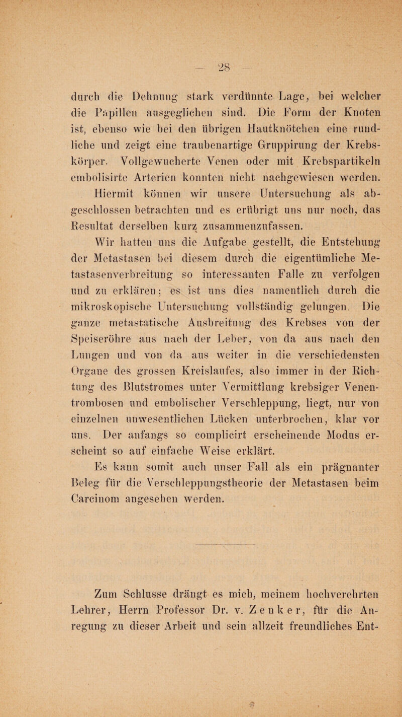 durch die Dehnung’ stark verdünnte Lage, bei welcher die Papillen ausgeglichen sind. Die Form der Knoten ist, ebenso wie bei den übrigen Hautknötchen eine rund¬ liche und zeigt eine traubenartige Gruppirung der Krebs¬ körper. Vollgewucherte Venen oder mit Krebspartikeln embolisirte Arterien konnten nicht nachgewiesen werden. Hiermit können wir unsere Untersuchung als ab¬ geschlossen betrachten und es erübrigt uns nur noch, das Resultat derselben kurz zusammenzufassen. Wir hatten uns die Aufgabe gestellt, die Entstehung der Metastasen bei diesem durch die eigentümliche Me- tastasenverbreitung so interessanten Falle zu verfolgen und zu erklären: es ist uns dies namentlich durch die mikroskopische Untersuchung vollständig gelungen. Die ganze metastatische Ausbreitung des Krebses von der Speiseröhre aus nach der Leber, von da aus nach den Lungen und von da aus weiter in die verschiedensten Organe des grossen Kreislaufes, also immer in der Rich¬ tung des Blutstromes unter Vermittlung krebsiger Venen- trombosen und embolischer Verschleppung, liegt, nur von einzelnen unwesentlichen Lücken unterbrochen, klar vor uns. Der anfangs so complicirt erscheinende Modus er¬ scheint so auf einfache Weise erklärt. Es kann somit auch unser Fall als ein prägnanter Beleg für die Verschleppungstheorie der Metastasen beim Carcinom angesehen werden. Zum Schlüsse drängt es mich, meinem hochverehrten Lehrer, Herrn Professor Dr. v. Zenker, für die An¬ regung zu dieser Arbeit und sein allzeit freundliches Ent-