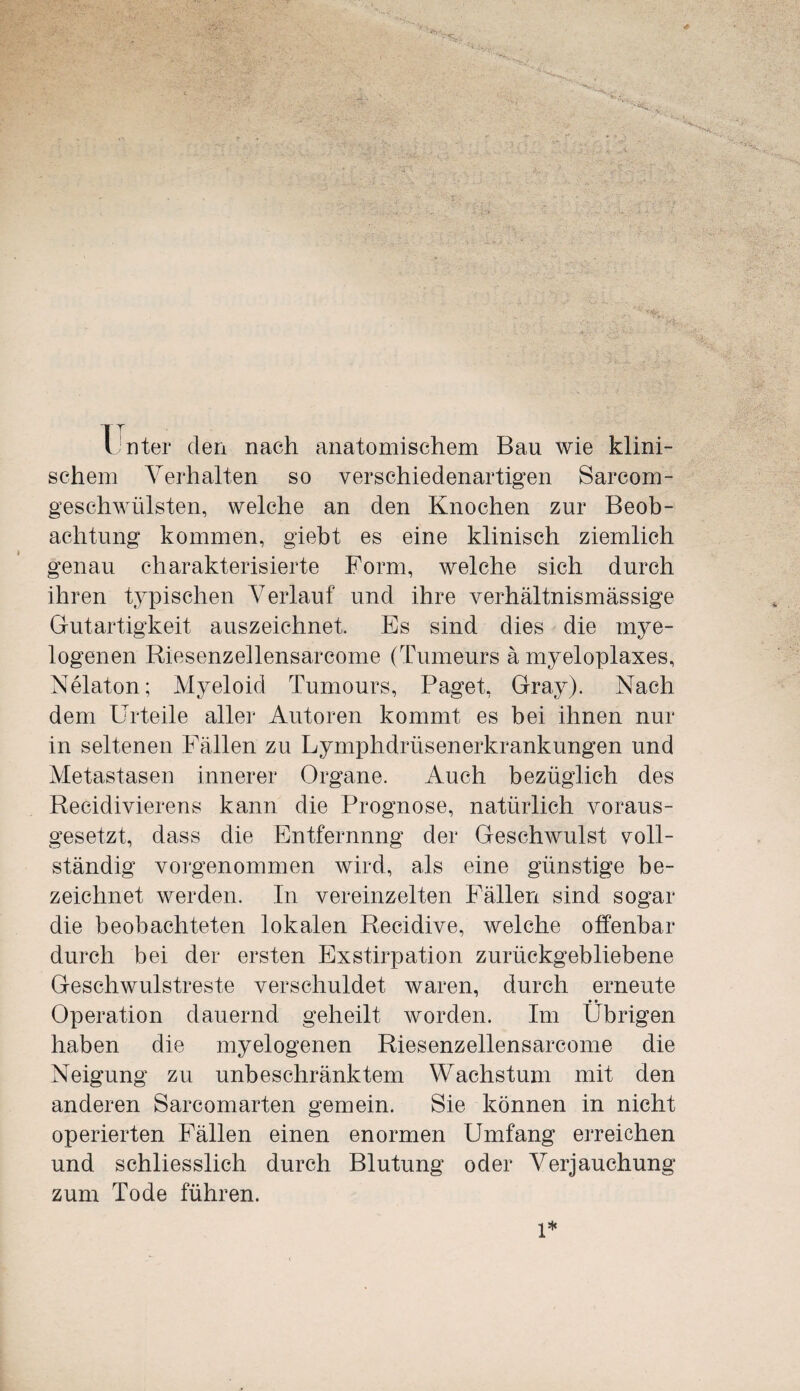 I nter den nach anatomischem Bau wie klini¬ schem Verhalten so verschiedenartigen Sarcom- gesehwülsten, welche an den Knochen zur Beob¬ achtung kommen, giebt es eine klinisch ziemlich genau charakterisierte Form, welche sich durch ihren typischen Verlauf und ihre verhältnismässige Gutartigkeit auszeichnet. Es sind dies die mye¬ logenen Riesenzellensarcome (Tumeurs ä myeloplaxes, Nelaton; Myeloid Tumours, Paget, Gray). Nach dem Urteile aller Autoren kommt es bei ihnen nur in seltenen Fällen zu Lymphdrüsenerkrankungen und Metastasen innerer Organe. Auch bezüglich des Recidivierens kann die Prognose, natürlich voraus¬ gesetzt, dass die Entfernnng der Geschwulst voll¬ ständig vorgenommen wird, als eine günstige be¬ zeichnet werden. In vereinzelten Fällen sind sogar die beobachteten lokalen Recidive, welche offenbar durch bei der ersten Exstirpation zurückgebliebene Geschwulstreste verschuldet waren, durch erneute • • Operation dauernd geheilt worden. Im Übrigen haben die myelogenen Riesenzellensarcome die Neigung zu unbeschränktem Wachstum mit den anderen Sarcomarten gemein. Sie können in nicht operierten Fällen einen enormen Umfang erreichen und schliesslich durch Blutung oder Verjauchung zum Tode führen. 1*