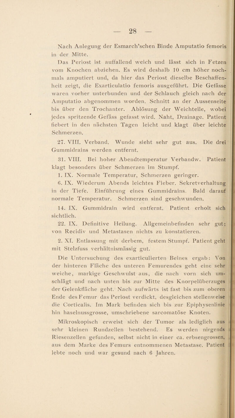 Nach Anlegung der Esmarch’schen Binde Amputatio femoris in der Mitte. Das Periost ist auffallend weich und lässt sich in Fetzen vom Knochen abziehen. Es wird deshalb 10 cm höher noch¬ mals amputiert und, da hier das Periost dieselbe Beschaffen¬ heit zeigt, die Exarticulatio femoris ausgeführt. Die Gelasse waren vorher unterbunden und der Schlauch gleich nach der Amputatio abgenommen worden. Schnitt an der Aussenseite bis über den Trochanter. Ablösung der Weichteile, wobei jedes spritzende Gefäss gefasst wird. Naht, Drainage. Patient fiebert in den nächsten Tagen leicht und klagt über leichte Schmerzen. 27. VIII. Verband. Wunde sieht sehr gut aus. Die drei Gummidrains werden entfernt. 31. VIII. Bei hoher Abendtemperatur Verbandw. Patient klagt besonders über Schmerzen im Stumpf. 1. IX. Normale Temperatur, Schmerzen geringer. 6. IX. Wiederum Abends leichtes Fieber. Sekretverhaltung in der Tiefe. Einführung eines Gummidrains. Bald darauf normale Temperatur. Schmerzen sind geschwunden. 14. IX. Gummidrain wird entfernt. Patient erholt sich sichtlich. 22. IX. Definitive Heilung. Allgemeinbefinden sehr gut; von Recidiv und Metastasen nichts zu konstatieren. 2. XI. Entlassung mit derbem, festem Stumpf. Patient geht mit Stelzfuss verhältnismässig gut. Die Untersuchung des exarticulierten Beines ergab: Von der hinteren Fläche des unteren Femurendes geht eine sehr weiche, markige Geschwulst aus, die nach vorn sich um¬ schlägt und nach unten bis zur Mitte des Knorpelüberzuges der Gelenkfläche geht. Nach aufwärts ist fast bis zum oberen Ende des Femur das Periost verdickt, desgleichen stellenweise die Corticalis. Im Mark befinden sich bis zur Epiphysenlinie hin haselnussgrosse, umschriebene sarcomatöse Knoten. Mikroskopisch erweist sich der Tumor als lediglich aus sehr kleinen Rundzellen bestehend. Es werden nirgends Riesenzellen gefunden, selbst nicht in einer ca. erbsengrossen, aus dem Marke des Femurs entnommenen Metastase. Patient lebte noch und war gesund nach 6 Jahren.