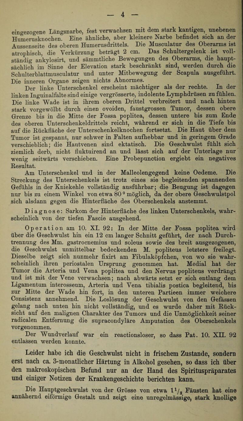eingezogene Längsnarbe, fest verwachsen mit dem stark kantigen, unebenen Humerusknochen. Eine ähnliche, aber kleinere Narbe befindet sich an der Aussenseite des oberen Humerusdrittels. Die Musculatur des Oberarms ist atrophisch, die Verkürzung beträgt 2 cm. Das Schultergelenk ist voll¬ ständig ankylosirt, und sämmtliche Bewegungen des^ Oberarms, die haupt¬ sächlich im Sinne der Elevation stark beschränkt sind, werden durch die Schulterblattmusculatur und unter Mitbewegung der Scapula ausgeführt. Die inneren Organe zeigen nichts Abnormes. Der linke Unterschenkel erscheint mächtiger als der rechte. In der linken Inguinalfalte sind einige vergrösserte, indolente Lymphdrüsen zu fühlen. Die linke Wade ist in ihrem oberen Drittel verbreitert und nach hinten stark vorgewölbt durch einen ovoiden, faustgrossen Tumor, dessen obere Grenze bis in die Mitte der Eossa poplitea, dessen untere bis zum Ende des oberen Unterschenkeldrittels reicht, während er sich in die Tiefe bis auf die Bückfläche der Unterschenkelknochen fortsetzt. Die Haut über dem Tumor ist gespannt, nur schwer in Ealten aufhebbar und in geringem Grade verschieblich; die Hautvenen sind ektatisch. Die Geschwulst fühlt sich ziemlich derb, nicht fluktuirend an und lässt sich auf der Unterlage nur wenig seitwärts verschieben. Eine Probepunction ergiebt ein negatives Besultat. Am Unterschenkel und in der Malleolengegend keine Oedeme. Die Streckung des Unterschenkels ist trotz eines sie begleitenden spannenden Gefühls in der Kniekehle vollständig ausführbar; die Beugung ist dagegen nur bis zu einem Winkel von etwa 80 ® möglich, da der obere Geschwulstpol sich alsdann gegen die Hinterfläche des Oberschenkels anstemmt. Diagnose: Sarkom der Hinterfläche des linken Unterschenkels, wahr¬ scheinlich von der tiefen Eascie ausgehend. Operation am 10. XI. 92: In der Mitte der Eossa poplitea wird über die Geschwulst hin ein 12 cm langer Schnitt geführt, der nach Durch¬ trennung des Mm. gastrocnemius und soleus sowie des breit ausgezogenen, die Geschwulst unmittelbar bedeckenden M. popliteus letztere freilegt. Dieselbe zeigt sich nunmehr fixirt am Eibulaköpfchen, von wo sie wahr¬ scheinlich ihren periostalen Ursprung genommen hat. Medial hat der Tumor die Arteria und Vena poplitea und den Nervus popliteus verdrängt und ist mit der Vene verwachsen; nach abwärts setzt er sich entlang dem Ligamentum interosseum, Arteria und Vena tibialis postica begleitend, bis zur Mitte der Wade hin fort, in den unteren Partieen immer weichere Consistenz annehmend. Die Loslösung der Geschwulst von den Gefässen gelang nach unten hin nicht vollständig, und es wurde daher mit Hück- sicht auf den malignen Charakter des Tumors und die Unmöglichkeit seiner radicalen Entfernung die supracondyläre Amputation des Oberschenkels vorgenommen. Der Wundverlauf war ein reactionsloser, so dass Pat. 10. XII. 92 entlassen werden konnte. Leider habe ich die Geschwulst nicht in frischem Zustande, sondern erst nach ca. 3-monatlicher Härtung in Alkohol gesehen, so dass ich über den makroskopischen Befund nur an der Hand des Spirituspräparates und einiger Notizen der Krankengeschichte berichten kann. Die Hauptgeschwulst von der Grösse von etwa l^/g Eäusten hat eine annähernd eiförmige Gestalt und zeigt eine unregelmässige, stark knollige