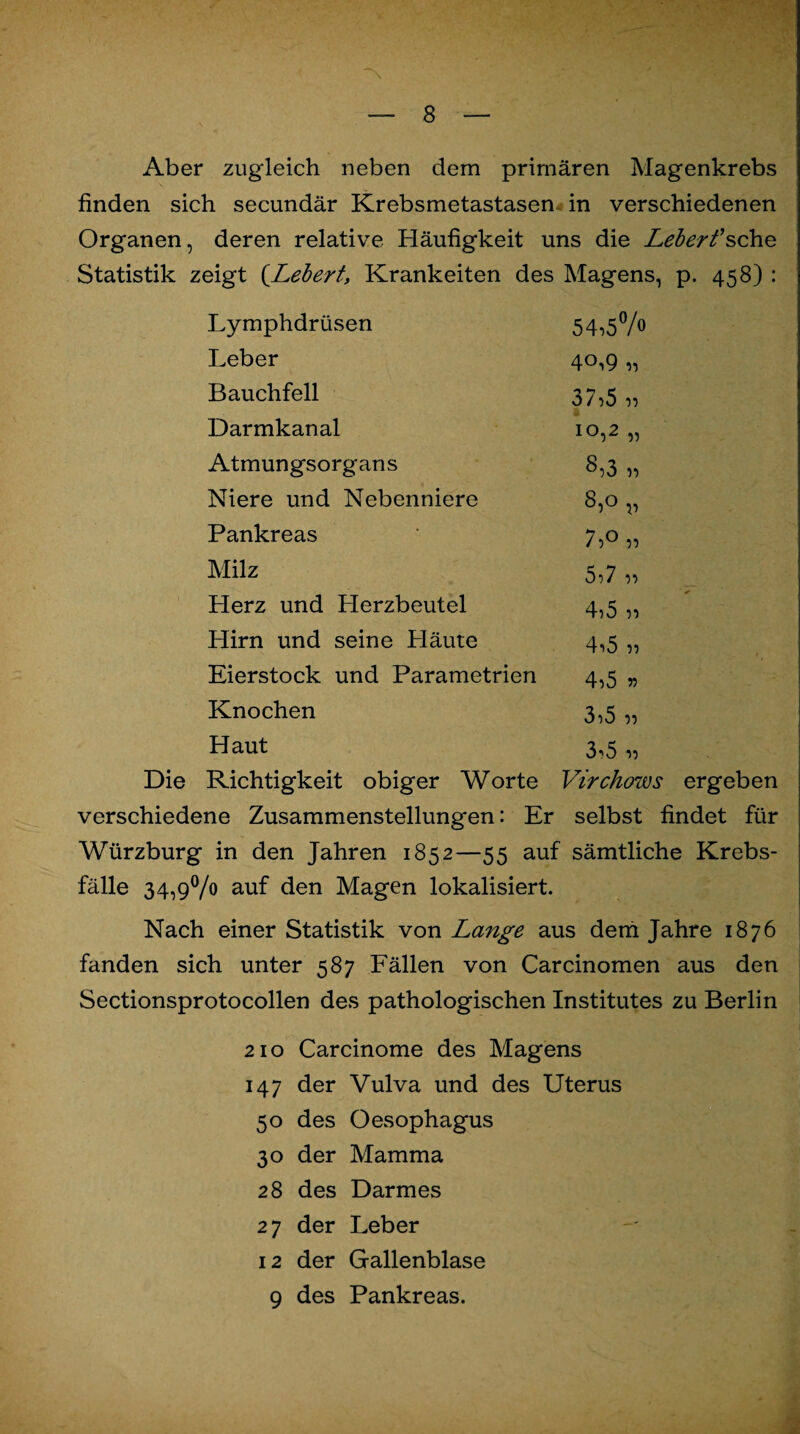 \ Aber zugleich neben dem primären Magenkrebs finden sich secundär Krebsmetastasen* in verschiedenen Organen, deren relative Häufigkeit uns die Leber fsehe Statistik zeigt (_Lebert\ Krankeiten des Magens, p. 458) : Lymphdrüsen 54i5°/° Leber 4°,9 „ Bauchfell 37,5 ,, Darmkanal 10,2 „ Atmungsorgans 8,3 ,, Niere und Nebenniere CO 0 V Pankreas 7,0 ,, Milz 5,7 ,, Herz und LIerzbeutel 4,5 ,, Hirn und seine Häute 4,5 ,, Eierstock und Parametrien 4,5 Knochen 3,5 ,, Haut 3^5 „ Die Richtigkeit obiger Worte Virchows ergeben verschiedene Zusammenstellungen: Er selbst findet für Würzburg in den Jahren 1852—55 auf sämtliche Krebs¬ fälle 34,9% auf den Magen lokalisiert. Nach einer Statistik von Lange aus dem Jahre 1876 fanden sich unter 587 Fällen von Carcinomen aus den Sectionsprotocollen des pathologischen Institutes zu Berlin 210 Carcinome des Magens 147 der Vulva und des Uterus 50 des Oesophagus 30 der Mamma 28 des Darmes 2 7 der Leber 12 der Gallenblase 9 des Pankreas.