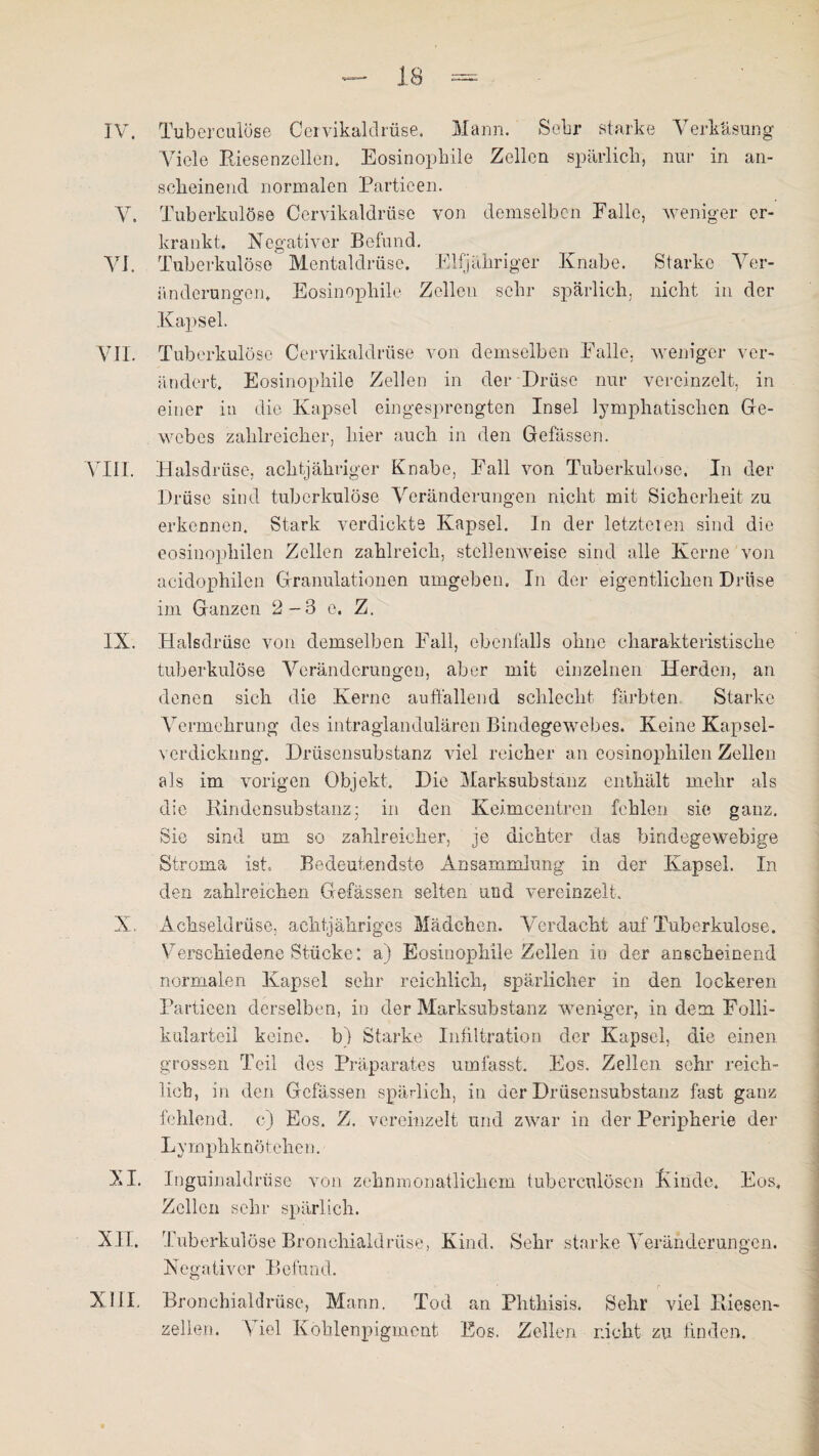 IV. V. VI. VII. VIII. IX. X. XI. XII. XIII. Tuberculöse Cervikaldrüse. Mann. Sehr starke Verkäsung Viele Riesenzellen. Eosinophile Zellen spärlich, nur in an¬ scheinend normalen Particen. Tuberkulöse Cervikaldrüse von demselben Falle, weniger er¬ krankt, Negativer Befund. Tuberkulöse Mentaldrüse. Elfjähriger Knabe. Starke Ver¬ änderungen, Eosinophile Zellen sehr spärlich, nicht in der Kapsel. Tuberkulöse Cervikaldrüse von demselben Falle, weniger ver¬ ändert. Eosinophile Zellen in der Drüse nur vereinzelt, in einer in die Kapsel eingesprengten Insel lymphatischen Ge¬ webes zahlreicher, hier auch in den Gefässen. Halsdrüse, achtjähriger Knabe, Fall von Tuberkulose. In der Drüse sind tuberkulöse Veränderungen nicht mit Sicherheit zu erkennen. Stark verdickte Kapsel. In der letzteren sind die eosinophilen Zellen zahlreich, stellenweise sind alle Kerne von acidophilen Granulationen umgeben. In der eigentlichen Drüse im Ganzen 2-3 e. Z. Halsdrüse von demselben Fall, ebenfalls ohne charakteristische tuberkulöse Veränderungen, aber mit einzelnen Herden, an denen sich die Kerne auffallend schlecht färbten Starke Vermehrung des intraglandulären Bindegewebes. Keine Kapsel- verdicknng. Drüsensubstanz viel reicher an eosinophilen Zellen als im vorigen Objekt, Die Marksubstanz enthält mehr als die Rin den Substanz; in den Keimcentren fehlen sie ganz. Sie sind, um so zahlreicher, je dichter das bindegewebige Stroma ist. Bedeutendste Ansammlung in der Kapsel. In den zahlreichen Gefässen selten und vereinzelt. Achseldrüse, achtjähriges Mädchen. Verdacht auf Tuberkulose. Verschiedene Stücke : a) Eosinophile Zellen in der anscheinend normalen Kapsel sehr reichlich, spärlicher in den lockeren Particen derselben, in der Marksubstanz weniger, in dem Folli¬ kulärteil keine, b) Starke Infiltration der Kapsel, die einen grossen Teil des Präparates umfasst. Eos. Zellen sehr reich¬ lich, in den Gefässen spärlich, in der Drüsensubstanz fast ganz fehlend, c) Eos. Z. vereinzelt und zwar in der Peripherie der Lymphknötchen. Inguinaldrüse von zehn monatlichem tuberculösen Kinde. Eos, Zellen sehr spärlich. Tuberkulöse Bronchialdrüse, Kind. Sehr starke Veränderungen. Negativer Befund. ' r Bronehialdrüse, Mann. Tod an Plitliisis. Sehr viel Riesen- zellen. Viel Köhlenpigment Eos. Zellen nicht zu finden.