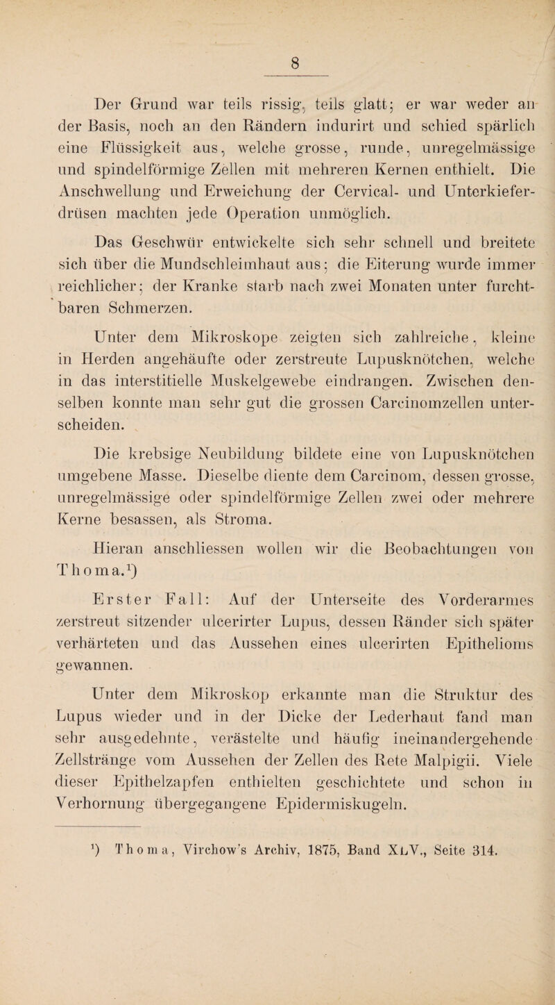 Der Grund war teils rissig, teils glatt; er war weder an der Basis, noch an den Rändern indurirt und schied spärlich eine Flüssigkeit aus, welche grosse, runde, unregelmässige und spindelförmige Zellen mit mehreren Kernen enthielt. Die Anschwellung und Erweichung der Cervical- und Unterkiefer¬ drüsen machten jede Operation unmöglich. Das Geschwür entwickelte sich sehr schnell und breitete sich über die Mundschleimhaut aus; die Eiterung wurde immer reichlicher; der Kranke starb nach zwei Monaten unter furcht¬ baren Schmerzen. Unter dem Mikroskope zeigten sich zahlreiche, kleine in Herden angehäufte oder zerstreute Lupusknötchen, welche in das interstitielle Muskelgewebe eindrangen. Zwischen den¬ selben konnte man sehr gut die grossen Carcinomzellen unter¬ scheiden. Die krebsige Neubildung bildete eine von Lupusknötchen umgebene Masse. Dieselbe diente dem Carcinom, dessen grosse, unregelmässige oder spindelförmige Zellen zwei oder mehrere Kerne besassen, als Stroma. Hieran anschliessen wollen wir die Beobachtungen von T h o ma.1) Erster Fall: Auf der Unterseite des Vorderarmes zerstreut sitzender ulcerirter Lupus, dessen Ränder sich später verhärteten und das Aussehen eines ulcerirten Epithelioms gewannen. Unter dem Mikroskop erkannte man die Struktur des Lupus wieder und in der Dicke der Lederhaut fand man sehr ausgedehnte, verästelte und häutig ineinandergehende Zellstränge vom Aussehen der Zellen des Rete Malpigii. Viele dieser Epithelzapfen enthielten geschichtete und schon in Verhornung übergegangene Epidermiskugeln. p Thoma, Virckow’s Archiv, 1875, Band XlV,, Seite 314.