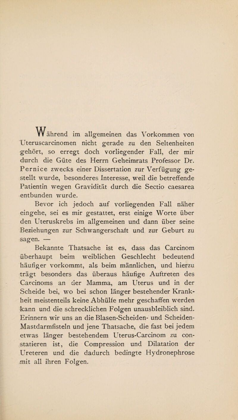 Uteruscarcinomen nicht gerade zu den Seltenheiten gehört, so erregt doch vorliegender Fall, der mir durch die Güte des Herrn Geheimrats Professor Dr. Pernice zwecks einer Dissertation zur Verfügung ge¬ stellt wurde, besonderes Interesse, weil die betreffende Patientin wegen Gravidität durch die Sectio caesarea entbunden wurde. Bevor ich jedoch auf vorliegenden Fall näher eingehe, sei es mir gestattet, erst einige Worte über den Uteruskrebs im allgemeinen und dann über seine Beziehungen zur Schwangerschaft und zur Geburt zu sagen. — Bekannte Thatsache ist es, dass das Carcinom überhaupt beim weiblichen Geschlecht bedeutend häufiger vorkommt, als beim männlichen, und hierzu trägt besonders das überaus häufige Auftreten des Carcinoms an der Mamma, am Uterus und in der Scheide bei, wo bei schon länger bestehender Krank¬ heit meistenteils keine Abhülfe mehr geschaffen werden kann und die schrecklichen Folgen unausbleiblich sind. Erinnern wir uns an die Blasen-Scheiden- und Scheiden- Mastdarmfisteln und jene Thatsache, die fast bei jedem etwas länger bestehendem Uterus-Carcinom zu con- statieren ist, die Compression und Dilatation der Ureteren und die dadurch bedingte Hydronephrose mit all ihren Folgen.