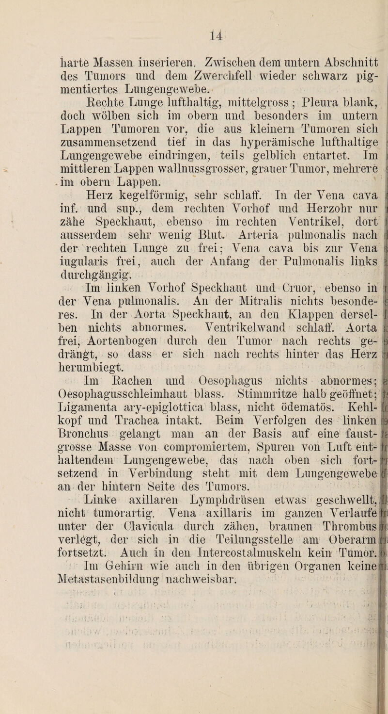 iiarte Massen inserieren. Zwischen dem untern Abschnitt des Tumors und dem Zwerchfell wieder schwarz pig¬ mentiertes Lungengewebe. Eeclite Lunge lufthaltig, mittelgross ; Pleura blank, doch wölben sich im obern und besonders im untern Lappen Tumoren vor, die aus kleinern Tumoren sich zusammensetzend tief in das hyperämische lufthaltige Lungengewebe ein drin gen, teils gelblich entartet. Im mittleren Lappen wallnussgrosser, grauer Tumor, mehrere im obern Lappen. Herz kegelförmig, sehr schlaff. In der Vena cava i inf. und sup., dem rechten Vorhof und Herzohr nur i zähe Speckhaut, ebenso im rechten Ventrikel, dort j ausserdem sehr wenig Blut. Arteria pulmonalis nach i der rechten Lunge zu frei; Vena cava bis zur Vena ) iugularis frei, auch der Anfang der Pulmonalis links \ durchgängig. Im linken Vorhof Speckhaut und Cruor, ebenso in i der Vena pulmonalis. An der Mitralis nichts besonde- e res. In der Aorta Speckhaut, an den Klappen dersel- I ben nichts abnormes. Ventrikelwand schlaff. Aorta | frei, Aortenbogen durch den Tumor nach rechts ge- e drängt, so dass er sich nach rechts hinter das Herz h herumbiegt. Im Bachen und Oesophagus nichts abnormes; h Oesophagusschleimhaut blass. Stimmritze halbgeöffnet; p Ligamenta ary-epiglottica blass, nicht ödematös. Kehl- i köpf und Trachea intakt. Beim Verfolgen des linken m Bronchus gelangt man an der Basis auf eine faust- h grosse Masse von compronüertem, Spuren von Luft ent- h haltendem Lungengewebe, das nach oben sich fort-h setzend in Verbindung steht mit dem Lungengewebe cf an der hintern Seite des Tumors. Linke axillaren Lymphdrüsen etwas geschwellt, in nicht tumorartig. Vena axillaris im ganzen Verlaufe h unter der Olavicula durch zähen, braunen Thrombus»( verlegt, der sich in die Teilungsstelle am Oberarm n fortsetzt. Auch in den Intercostalmuskeln kein Tumor, o Im Gehirn wie auch in den übrigen Organen keinen Metastasenbil dun g nachweisbar.