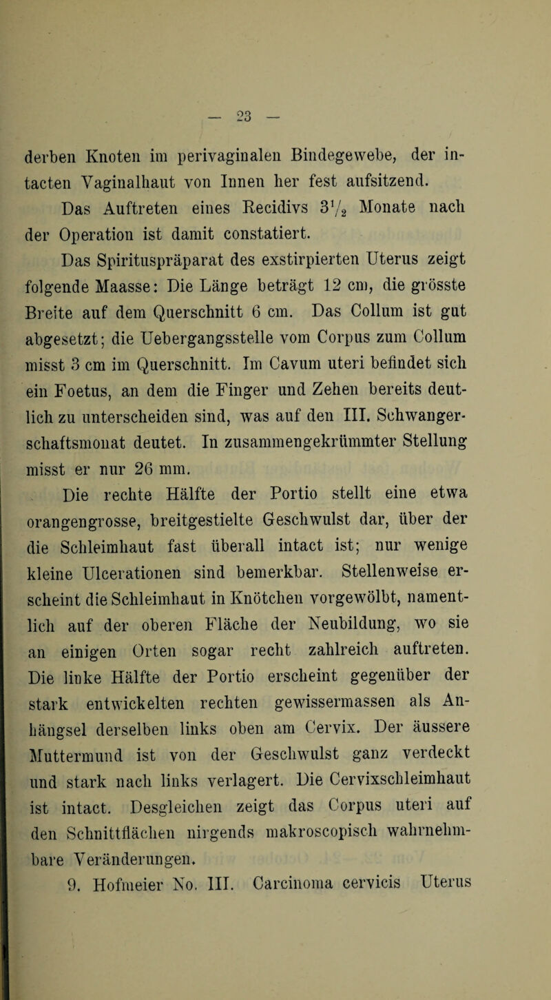 derben Knoten im perivaginalen Bindegewebe, der in- tacten Yaginalhaut von Innen her fest aufsitzend. Das Auftreten eines Recidivs 31/2 Monate nach der Operation ist damit constatiert. Das Spirituspräparat des exstirpierten Uterus zeigt folgende Maasse: Die Länge beträgt 12 cm, die grösste Breite auf dem Querschnitt 6 cm. Das Collum ist gut abgesetzt; die Uebergangsstelle vom Corpus zum Collum misst 3 cm im Querschnitt. Im Cavum uteri befindet sich ein Foetus, an dem die Finger und Zehen bereits deut¬ lich zu unterscheiden sind, was auf den III. Schwanger¬ schaftsmonat deutet. In zusammengekrümmter Stellung misst er nur 26 mm. Die rechte Hälfte der Portio stellt eine etwa orangengrosse, breitgestielte Geschwulst dar, über der die Schleimhaut fast überall intact ist; nur wenige kleine Ulcerationen sind bemerkbar. Stellenweise er¬ scheint die Schleimhaut in Knötchen vorgewölbt, nament¬ lich auf der oberen Fläche der Neubildung, wo sie an einigen Orten sogar recht zahlreich auftreten. Die linke Hälfte der Portio erscheint gegenüber der stark entwickelten rechten gewissermassen als An¬ hängsel derselben links oben am Cervix. Der äussere Muttermund ist von der Geschwulst ganz verdeckt und stark nach links verlagert. Die Cervixschleimhaut ist intact. Desgleichen zeigt das Corpus uteri auf den Schnittflächen nirgends makroscopisch wahrnehm¬ bare Veränderungen. 9. Hofmeier No. III. Carcinoma cervicis Uterus