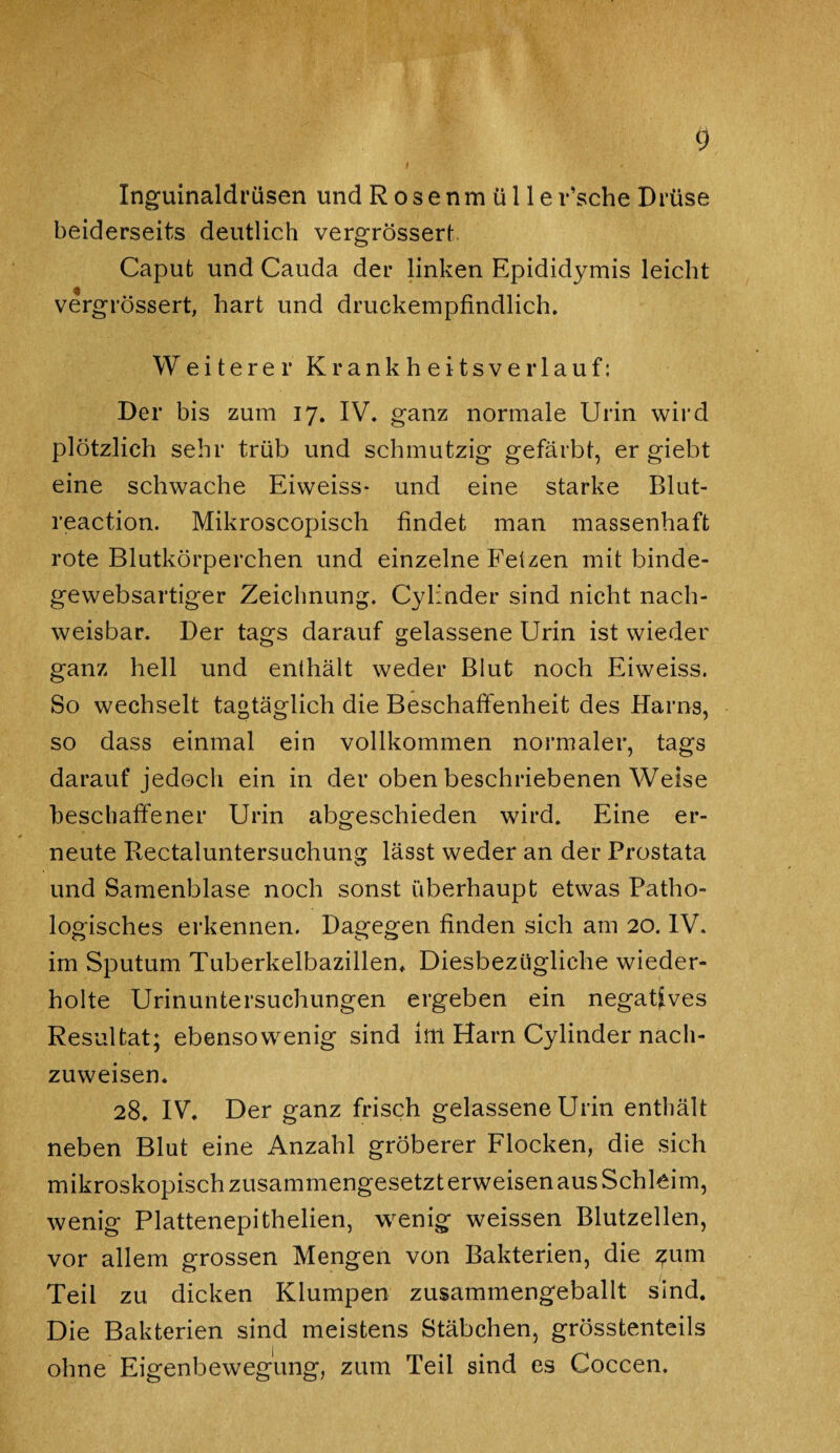 Inguinaldrüsen und Rosenmül le Esche Drüse beiderseits deutlich vergrössert Caput und Cauda der linken Epididymis leicht vergrössert, hart und druckempfindlich. Weiterer Krankheitsverlauf: Der bis zum 17. IV. ganz normale Urin wird plötzlich sehr trüb und schmutzig gefärbt, er giebt eine schwache Eiweiss* und eine starke Blut- reaction. Mikroscopisch findet man massenhaft rote Blutkörperchen und einzelne Fetzen mit binde- gewebsartiger Zeichnung. Cylinder sind nicht nach¬ weisbar. Der tags darauf gelassene Urin ist wieder ganz hell und enthält weder Blut noch Eiweiss. So wechselt tagtäglich die Beschaffenheit des Harns, so dass einmal ein vollkommen normaler, tags darauf jedoch ein in der oben beschriebenen Weise beschaffener Urin abgeschieden wird. Eine er¬ neute Rectaluntersuchung lässt weder an der Prostata und Samenblase noch sonst überhaupt etwas Patho¬ logisches erkennen. Dagegen finden sich am 20. IV. im Sputum Tuberkelbazillen. Diesbezügliche wieder¬ holte Urinuntersuchungen ergeben ein negatives Resultat; ebensowenig sind im Harn Cylinder nach¬ zuweisen. 28. IV. Der ganz frisch gelassene Urin enthält neben Blut eine Anzahl gröberer Flocken, die sich mikroskopisch zusammengesetzterweisenaus Schleim, wenig Plattenepithelien, wenig weissen Blutzellen, vor allem grossen Mengen von Bakterien, die ?um Teil zu dicken Klumpen zusammengeballt sind. Die Bakterien sind meistens Stäbchen, grösstenteils ohne Eigenbewegung, zum Teil sind es Coccen.