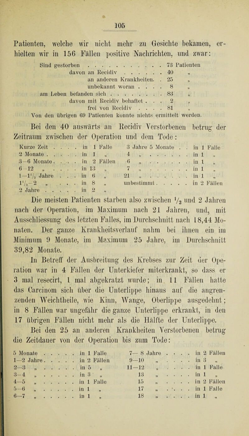 Patienten, welche wir nicht mehr zu Gesichte bekamen, er¬ hielten wir in 156 Fällen positive Nachrichten, und zwar: Sind gestorben.73 Patienten davon an Recidiv.40 „ an anderen Krankheiten. . 25 „ unbekannt woran .... 8 „ am Leben befanden sieh.83 „ davon mit Recidiv behaftet ... 2 „ frei von Recidiv .... 81 „ Von den übrigen 69 Patienten konnte nichts ermittelt werden. Bei den 40 auswärts an Recidiv Verstorbenen betrug* der Zeitraum zwischen der Operation und dem Tode : Kurze Zeit . . . . in 1 Falle 3 Jahre 5 Monate . . in 1 Falle 2 Monate .... . in 1 4 -*• » . in 1 » 3 — 6 Monate. . . . in 9 Fällen 6 ». in 1 6-12 „ . . . . in 13 7 „ . in 1 1—1‘/2 Jahre . . . in 6 21 M ...... in 1 17a-2 , . . . in 8 JJ unbestimmt. in 2 Fällen 2 Jahre .... . in 2 Die meisten Patienten starben also zwischen V2 und 2 Jahren nach der Operation, im Maximum nach 21 Jahren, und, mit Ausschliessung* des letzten Falles, im Durchschnitt nach 18,44 Mo¬ naten. Der ganze Krankheitsverlauf nahm bei ihnen ein im Minimum 9 Monate, im Maximum 25 Jahre, im Durchschnitt 39,82 Monate. In Betreff der Ausbreitung* des Krebses zur Zeit der Ope¬ ration war in 4 Fällen der Unterkiefer miterkrankt, so dass er 3 mal resecirt, 1 mal abgekratzt wurde; in 11 Fällen hatte das Carcinom sich über die Unterlippe hinaus auf die angren¬ zenden Weichtheile, wie Kinn, Wange, Oberlippe ausgedehnt; in 8 Fällen war ungefähr die ganze Unterlippe erkrankt, in den 17 übrigen Fällen nicht mehr als die Hälfte der Unterlippe. Bei den 25 an anderen Krankheiten Verstorbenen betrug die Zeitdauer von der Operation bis zum Tode: 5 Monate . . . . . in 1 Falle 7- — 8 Jahre . • . . in 2 Fällen 1—2 Jahre. . . . . in 2 Fällen 9- -10 . . in 3 ts2 1 CO . . . in 5 „ 11 -12 » • • . . in 1 Falle 3-4 „ . . . . . in 3 „ 13 . . in 1 4-5 „ . . . . . in 1 Falle 15 « • . . in 2 Fällen 5-6 „ . . . . . in 1 17 . . in 1 Falle 6-7 „ . . . . . in 1 * 18 » • • . . in 1