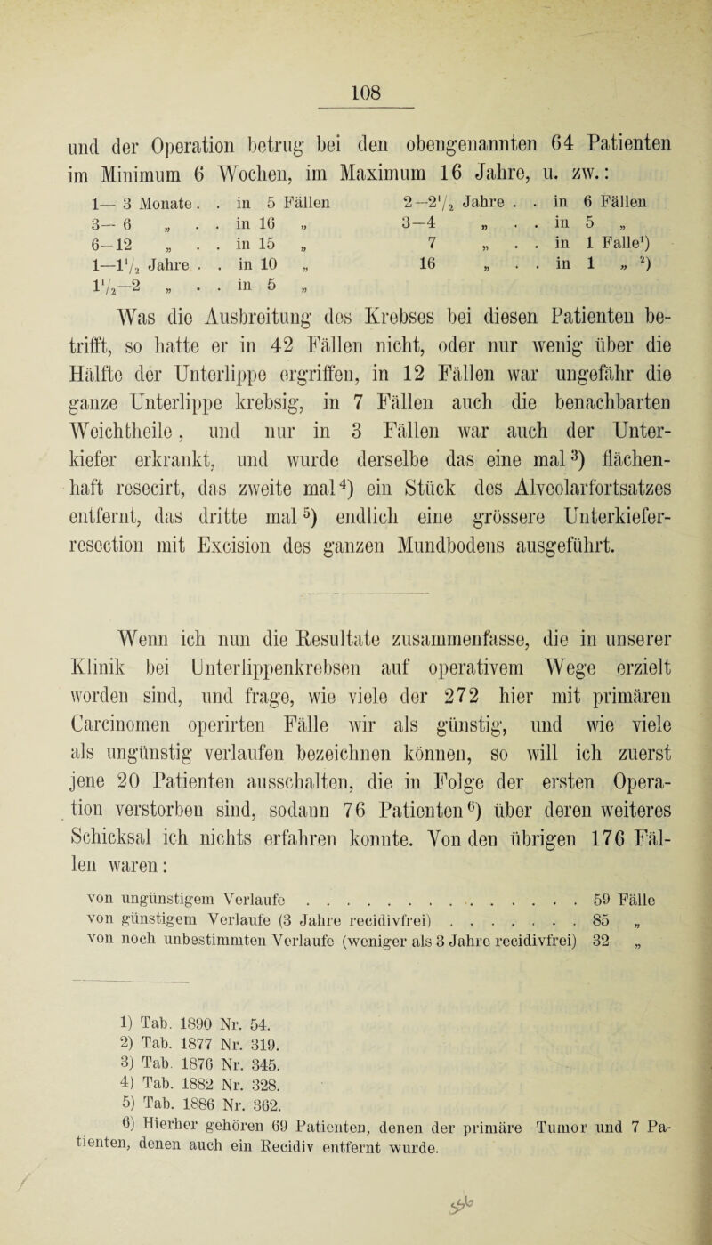 und der Operation betrug bei den obengenannten 64 Patienten im Minimum 6 Woeben, im Maximum 16 Jahre, u. zw.: 1— 3 Monate . . in 5 Fällen 3— 6 „ . . in 16 „ 6—12 „ . . in 15 „ 1—V/2 Jahre . . in 10 „ r/2—2 „ . . in 5 2— 2'/2 Jahre . . in 6 Fällen 3— 4 „ . . in 5 „ 7 „ . . in 1 Falle1) 16 „ . . in 1 „ 2) Was die Ausbreitung des Krebses bei diesen Patienten be¬ trifft, so hatte er in 42 Fällen nicht, oder nur wenig über die Hälfte der Unterlippe ergriffen, in 12 Fällen war ungefähr die ganze Unterlippe krebsig, in 7 Fällen auch die benachbarten Weichtheile, und nur in 3 Fällen war auch der Unter¬ kiefer erkrankt, und wurde derselbe das eine mal3) flächen¬ haft resecirt, das zweite mal4) ein Stück des Alveolarfortsatzes entfernt, das dritte mal5) endlich eine grössere Unterkiefer- resection mit Excision des ganzen Mundbodens ausgeführt. Wenn ich nun die Kesultate zusammenfasse, die in unserer Klinik bei Unterlippenkrebsen auf operativem Wege erzielt worden sind, und frage, wie viele der 272 hier mit primären Carcinomen operirten Fälle wir als günstig, und wie viele als ungünstig verlaufen bezeichnen können, so will ich zuerst jene 20 Patienten ausschalten, die in Folge der ersten Opera¬ tion verstorben sind, sodann 76 Patienten6) über deren weiteres Schicksal ich nichts erfahren konnte. Von den übrigen 176 Fäl¬ len waren: von ungünstigem Verlaufe..59 Fälle von günstigem Verlaufe (3 Jahre recidivfrei).85 von noch unbestimmten Verlaufe (weniger als 3 Jahre recidivfrei) 32 „ / / 1) Tab. 1890 Nr. 54. 2) Tab. 1877 Nr. 319. 3) Tab. 1876 Nr. 345. 4) Tab. 1882 Nr. 328. 5) Tab. 1886 Nr. 362. 6) Hierher gehören 69 Patienten, denen der primäre Tumor imd 7 Pa¬ tienten, denen auch ein Recidiv entfernt wurde.
