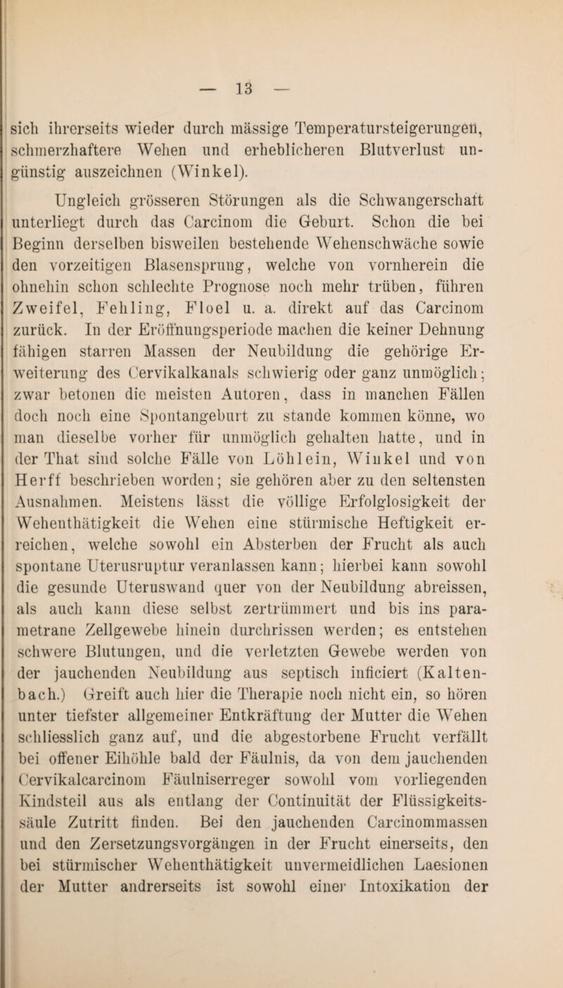 sich ihrerseits wieder durch mässige Temperatursteigerimgen, schmerzhaftere Wehen und erheblicheren Blutverlust un¬ günstig auszeichnen (Winkel). Ungleich grösseren Störungen als die Schwangerschatt unterliegt durch das Carcinom die Geburt. Schon die bei Beginn derselben bisweilen bestehende Wehenschwäche sowie den vorzeitigen Blasensprung, welche von vornherein die ohnehin schon schlechte Prognose noch mehr trüben, führen Zweifel, Fehling, Floel u. a. direkt auf das Carcinom zurück. In der Eröffnungsperiode machen die keiner Dehnung fähigen starren Massen der Neubildung die gehörige Er¬ weiterung des Cervikalkanals schwierig oder ganz unmöglich; zwar betonen die meisten Autoren, dass in manchen Fällen doch noch eine Spontangeburt zu stände kommen könne, wo man dieselbe vorher für unmöglich gehalten hatte, und in der That sind solche Fälle von Löh lein, Winkel und von Her ff beschrieben worden; sie gehören aber zu den seltensten Ausnahmen. Meistens lässt die völlige Erfolglosigkeit der Wehent-hätigkeit die Wehen eine stürmische Heftigkeit er¬ reichen, welche sowohl ein Absterben der Frucht als auch spontane Uterusruptur veranlassen kann; hierbei kann sowohl die gesunde Uteruswand quer von der Neubildung abreissen, als auch kann diese selbst zertrümmert und bis ins para- metrane Zellgewebe hinein durchrissen werden; es entstehen schwere Blutungen, und die verletzten Gewebe werden von der jauchenden Neubildung aus septisch inficiert (Kalten¬ bach.) Greift auch hier die Therapie noch nicht ein, so hören unter tiefster allgemeiner Entkräftung der Mutter die Wehen schliesslich ganz auf, und die abgestorbene Frucht verfällt bei offener Eihöhle bald der Fäulnis, da von dem jauchenden Cervikalcarcinom Fäulniserreger sowohl vom vorliegenden Kindsteil aus als entlang der Continuität der Flüssigkeits¬ säule Zutritt finden. Bei den jauchenden Carcinommassen und den Zersetzungsvorgängen in der Frucht einerseits, den bei stürmischer Wehenthätigkeit unvermeidlichen Laesionen der Mutter andrerseits ist sowohl einer Intoxikation der