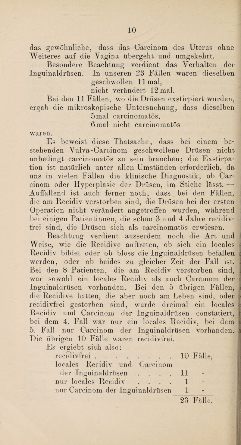 das gewöhnliche, dass das Carcinom des Uterus ohne Weiteres auf die Vagina übergeht und umgekehrt. Besondere Beachtung verdient das Verhalten der Inguinaldrüsen. In unseren 23 Fällen waren dieselben geschwollen 11 mal, nicht verändert 12 mal. Bei den 11 Fällen, wo die Drüsen exstirpiert wurden, ergab die mikroskopische Untersuchung, dass dieselben 5 mal carcinomatös, 6mal nicht carcinomatös waren. Es beweist diese Thatsache, dass bei einem be¬ stehenden Vulva-Carcinom geschwollene Drüsen nicht unbedingt carcinomatös zu sein brauchen; die Exstirpa¬ tion ist natürlich unter allen Umständen erforderlich, da uns in vielen Fällen die klinische Diagnostik, ob Car¬ cinom oder Hyperplasie der Drüsen, im Stiche lässt. — Auffallend ist auch ferner noch, dass bei den Fällen, die am Recidiv verstorben sind, die Drüsen bei der ersten Operation nicht verändert angetroffen wurden, während bei einigen Patientinnen, die schon 3 und 4 Jahre recidiv- frei sind, die Drüsen sich als carcinomatös erwiesen. Beachtung verdient ausserdem noch die Art und 1 Weise, wie die Recidive auftreten, ob sich ein locales j Recidiv bildet oder ob bloss die Inguinaldrüsen befallen j werden, oder ob beides zu gleicher Zeit der Fall ist. ; Bei den 8 Patienten, die am Recidiv verstorben sind, j war sowohl ein locales Recidiv als auch Carcinom der : Inguinaldrüsen vorhanden. Bei den 5 übrigen Fällen, j die Recidive hatten, die aber noch am Leben sind, oder f recidivfrei gestorben sind, wurde dreimal ein locales ;! Recidiv und Carcinom der Inguinaldrüsen constatiert, i bei dem 4. Fall war nur ein locales Recidiv, bei dem u 5. Fall nur Carcinom der Inguinaldrüsen vorhanden, ü Die übrigen 10 Fälle waren recidivfrei. Es ergiebt sich also: recidivfrei.10 Fälle, j!j locales Recidiv und Carcinom der Inguinaldrüsen .... 11 nur locales Recidiv .... 1 nur Carcinom der Inguinaldrüsen 1 2cT Fälle7