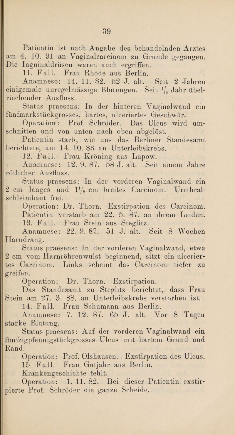 Patientin ist nach Angabe des behandelnden Arztes am 4. 10. 91 an Vaginalcarcinom zu Grunde gegangen. Die Inguinaldrüsen waren auch ergriffen. 11. Fall. F rau Bhode aus Berlin. Anamnese: 14. 11. 82. 52 J. alt. Seit 2 Jahren einigemale unregelmässige Blutungen. Seit */4 Jahr übel¬ riechender Ausfluss. Status praesens: In der hinteren Vaginalwand ein fünfmarkstückgrosses, hartes, ulceriertes Geschwür. Operation : Prof. Schröder. Das Ulcus wird Um¬ schnitten und von unten nach oben abaelöst. Patientin starb, wie uns das Berliner Standesamt berichtete, am 14. 10. 83 an Unterleibskrebs. 12. Fall. Frau Kröning aus Lupow. Anamnese: 12. 9. 87. 58 J. alt. Seit einem Jahre rötlicher Ausfluss. Status praesens: In der vorderen Vaginalwand ein 2 cm langes und ll/2 cm breites Careinom. Uretbral- schleimhaut frei. Operation: Dr. Thorn. Exstirpation des Carcinom. Patientin verstarb am 22. 5. 87. an ihrem Leiden. 13. Fall. Frau Stein aus Steglitz. Anamnese: 22. 9. 87. 51 J. alt. Seit 8 Wochen Harndrang. Status praesens: In der vorderen Vaginal wand, etwa 2 cm vom Harnröhrenwulst beginnend, sitzt ein ulcerier¬ tes Carcinom. Links scheint das Carcinom tiefer zu greifen. Operation: Dr. Thorn. Exstirpation. Das Standesamt zu Steglitz berichtet, dass Frau Stein am 27. 3. 88. an Unterleibskrebs verstorben ist. 14. Fall. Frau Schumann aus Berlin. Anamnese: 7. 12. 87. 65 J. alt. Vor 8 Tagen starke Blutung. Status praesens: Auf der vorderen Vaginalwand ein fünfzigpfennigstückgrosses Ulcus mit hartem Grund und Band. Operation: Prof. Olshausen. Exstirpation des Ulcus. 15. Fall. Frau Gutjahr aus Berlin. Krankengeschichte fehlt. Operation: 1. 11. 82. Bei dieser Patientin exstir- pierte Prof. Schröder die ganze Scheide.