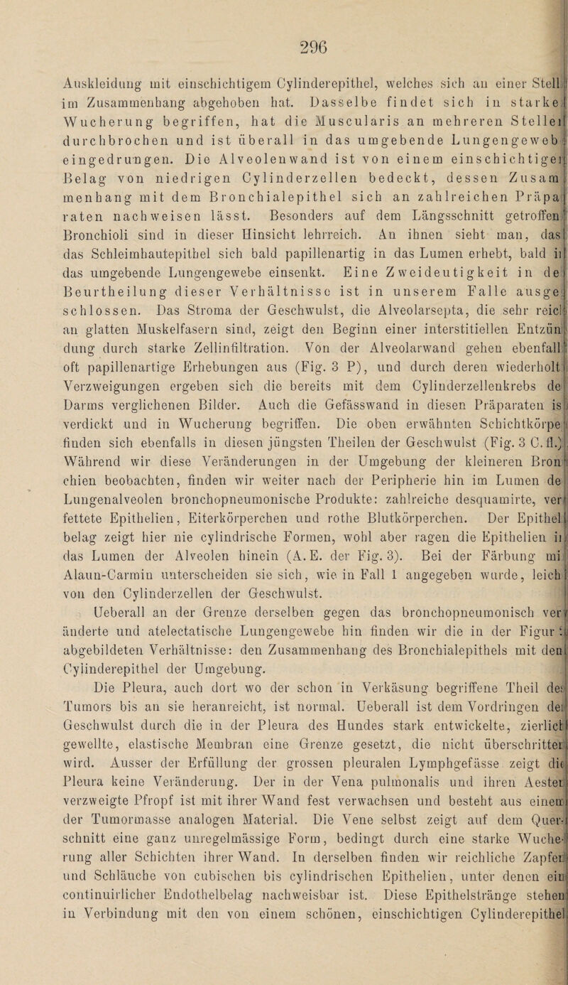 Auskleidimg mit einschichtigem Cylinderepithel, welches sich au einer Stellt im Zusammenhang abgehoben hat. Dasselbe findet sich in starked Wucherung begriffen, hat die Muscularis an mehreren Stellei| durchbi’ochen und ist überall in das umgebende Lungengewebf eingedrungen. Die Alveolenwand ist von einem einschichtige]! Plelag von niedrigen Cylin der zellen bedeckt, dessen Zusam menhang mit dem Bronchialepithel sich an zahlreichen Präpa raten nach weisen lässt. Besonders auf dem Längsschnitt getroffend Bronchioli sind in dieser Hinsicht lehrreich. An ihnen sieht man, das : das Schleimhautepithel sich bald papillenartig in das Lumen erhebt, bald ii das umgebende Lungengewebe einsenkt. Eine Zweideutigkeit in de' Beurtheilung dieser Verhältnisse ist in unserem Falle ausgej' schlossen. Das Stroma der Geschwulst, die Alveolarsepta, die sehr reicll an glatten Muskelfasern sind, zeigt den Beginn einer interstitiellen Entzünl düng durch starke Zellinültration. Von der Alveolarwand gehen ebenfalU oft papillenartige Erhebungen aus (Fig. 3 P), und durch deren wiederholt)! Verzweigungen ergeben sich die bereits mit dem Cylinderzellenkrebs der Darms verglichenen Bilder. Auch die Gefässwand in diesen Präparaten is | verdickt und in Wucherung begriffen. Die oben erwähnten Schichtkörpe i finden sich ebenfalls in diesen jüngsten Theilen der Geschwulst (Fig. 3 C. Während wir diese Veränderungen in der Umgebung der kleineren Bronl chien beobachten, finden wir w^eiter nach der Peripherie hin im Lumen dei Lungenalveolen bronchopneumonische Produkte: zahlreiche desquamirte, ver| fettete Epithelien, Eiterkörperchen und rothe Blutkörperchen. Der Epithell belag zeigt hier nie cylindrische Formen, wohl aber ragen die Epithelien ii: das Lumen der Alveolen hinein (A.E. der Fig. 3). Bei der Färbung mid Alaun-Carrain unterscheiden sie sich, wie in Ifall 1 angegeben wurde, leich 1 von den Cylinderzellen der Geschwulst. j Ueberall an der Grenze derselben gegen das bronchopneumonisch verr änderte und atelectatische Lungengewebe hin finden wir die in der Figur abgebildeten Verhältnisse: den Zusammenhang des Bronchialepithels mit dent Cylinderepithel der Umgebung. Die Pleura, auch dort wo der schon in Verkäsung begriffene Theil der Tumors bis an sie heranreicht, ist normal. Ueberall ist dem Vordringen deli Geschwulst durch die in der Pleura des Hundes stark entwickelte, zierlicll gewellte, elastische Membran eine Grenze gesetzt, die nicht überschritterl wird. Ausser der Erfüllung der grossen pleuralen Lymphgefässe zeigt dicf Pleura keine Veränderung. Der in der Vena pulmonalis und ihren Aesteri verzweigte Pfropf ist mit ihrer Wand fest verwachsen und besteht aus eineni der Tumormasse analogen Material. Die Vene selbst zeigt auf dem Quer-t schnitt eine ganz unregelmässige Form, bedingt durch eine starke Wuche-i rung aller Schichten ihrer Wand. In derselben finden wir reichliche Zapfen und Schläuche von cubischen bis cylindrischen Epithelien, unter denen eie continuirlicher Endothelbelag nachweisbar ist. Diese Epithelstränge stehen in Verbindung mit den von einem schönen, einschichtigen Cylinderepithel t i i