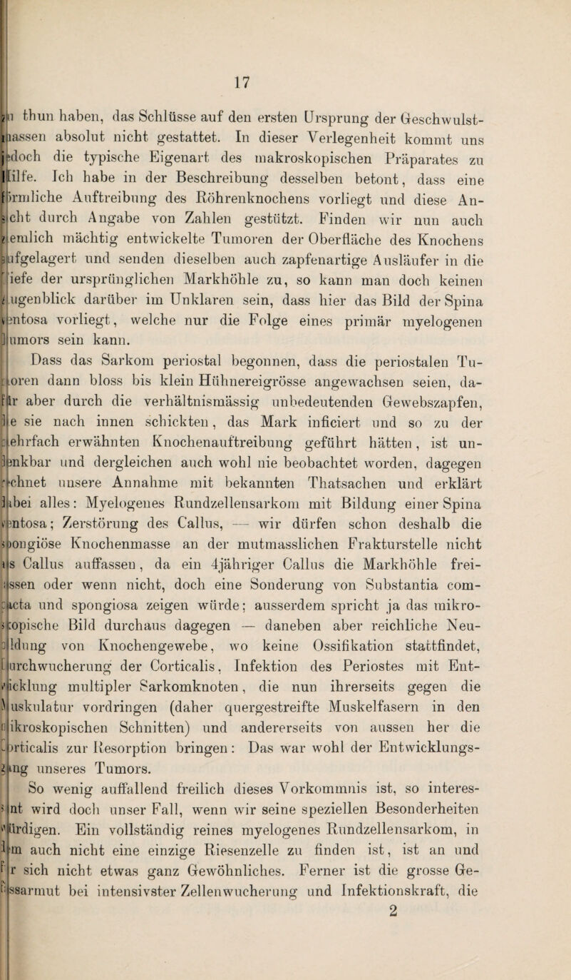 ?n thun haben, das Schlüsse auf den ersten Ursprung der Geschwulst- nassen absolut nicht gestattet. In dieser Verlegenheit kommt uns pdoch die typische Eigenart des makroskopischen Präparates zu Hilfe. Ich habe in der Beschreibung desselben betont, dass eine ijirmliehe Auftreibung des Röhrenknochens vorliegt und diese An- * cht durch Angabe von Zahlen gestützt. Finden wir nun auch i emlieh mächtig entwickelte Tumoren der Oberfläche des Knochens aufgelagert und senden dieselben auch zapfenartige Ausläufer in die [liefe der ursprünglichen Markhöhle zu, so kann man doch keinen A ugenblick darüber im Unklaren sein, dass liier das Bild der Spina vpntosa vorliegt, welche nur die Folge eines primär myelogenen plumors sein kann. Dass das Sarkom periostal begonnen, dass die periostalen Tu¬ moren dann bloss bis klein Hühnereigrösse angewachsen seien, da¬ für aber durch die verhältnismässig unbedeutenden Gewebszapfen, Be sie nach innen schickten, das Mark inficiert und so zu der Mehrfach erwähnten Knochenauftreibung geführt hätten, ist un¬ lenkbar und dergleichen auch wohl nie beobachtet worden, dagegen dehnet unsere Annahme mit bekannten Thatsachen und erklärt pkbei alles: Myelogenes Rundzellensarkom mit Bildung einer Spina vimtosa; Zerstörung des Gallus, — wir dürfen schon deshalb die soongiöse Knochenmasse an der mutmasslichen Frakturstelle nicht Ms Callus aulfassen, da ein djähriger Gallus die Markhöhle frei- ijssen oder wenn nicht, doch eine Sonderung von Substantia com- cjicta und spongiosa zeigen würde; ausserdem spricht ja das mikro- $ topische Bild durchaus dagegen — daneben aber reichliche Neu- b Idung von Knochengewebe, wo keine Ossifikation staetfindet, lltirchWucherung der Corticalis, Infektion des Periostes mit Ent- ^ncklimg multipler Sarkomknoten, die nun ihrerseits gegen die Muskulatur Vordringen (daher quergestreifte Muskelfasern in den n ikroskopischen Schnitten) und andererseits von aussen her die -prticalis zur Resorption bringen: Das war wohl der Entwicklungs¬ gang unseres Tumors. So wenig auffallend freilich dieses Vorkommnis ist, so interes- Mnt wird doch unser Fall, wenn wir seine speziellen Besonderheiten würdigen. Ein vollständig reines myelogenes Rundzellensarkom, in i|m auch nicht eine einzige Riesenzelle zu finden ist, ist an und p|r sich nicht etwas ganz Gewöhnliches. Ferner ist die grosse Ge- Epsarmut bei intensivster Zellenwucherung und Infektionskraft, die