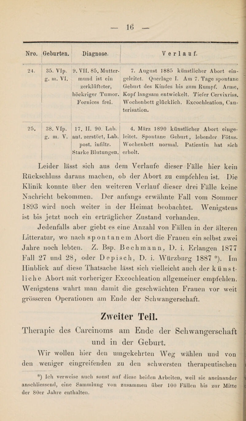 Nro. Geburten. Diagnose. Verlauf. 24. 35. VIp. g. in. VI. 9. VII. 85. Mutter¬ mund ist ein zerklüfteter, höckriger Tumor. Fornices frei. 7. August 1885 künstlicher Abort ein¬ geleitet. Querlage I. Am 7. Tage spontane Geburt des Kindes bis zum Rumpf. Arme, Kopf langsam entwickelt. Tiefer Cervixriss. Wochenbett glücklich. Excochleation, Cau- terisation. 25. 38. VIp. g. m. V. 17. II. 90. Lab. ant. zerstört, Lab. post, infiltr. Starke Blutungen. 4. März 1890 künstlicher Abort einge- Icitet. Spontane Geburt, lebender Fötus. Wochenbett normal. Patientin bat sich erholt. Leider lässt sich aus dem Verlaufe dieser Fälle hier kein Rückschluss daraus machen, ob der Abort zu empfehlen ist. Die Klinik konnte über den weiteren Verlauf dieser drei Fälle keine Nachricht bekommen. Der anfangs erwähnte Fall vom Sommer 1893 wird noch weiter in der Heimat beobachtet. Wenigstens o ist bis jetzt noch ein erträglicher Zustand vorhanden. Jedenfalls aber giebt es eine Anzahl von Fällen in der älteren Litteratur, wo nach spontanem Abort die Frauen ein selbst zwei Jahre noch lebten. Z. Bsp. Beeil mann, D. i. Erlangen 1877 Fall 27 und 28, oder D episch, D. i. Würzburg 1887 *). Im Hinblick auf diese Thatsacbe lässt sich vielleicht auch der künst¬ liche Abort mit vorheriger Excochleation allgemeiner empfehlen. Wenigstens wahrt man damit die geschwächten Frauen vor weit grösseren Operationen am Ende der Schwangerschaft. Zweiter Teil. Therapie des Carcinoms am Ende der Schwangerschaft $ und in der Geburt. Wir wollen hier den umgekehrten Weg wählen und von den weniger eingreifenden zu den schwersten therapeutischen |l *) Ich verweise auch sonst auf diese beiden Arbeiten, weil sie aneinander anschliessend, eine Sammlung von zusammen über 100 Fällen bis zur Mitte der 80er Jahre enthalten.