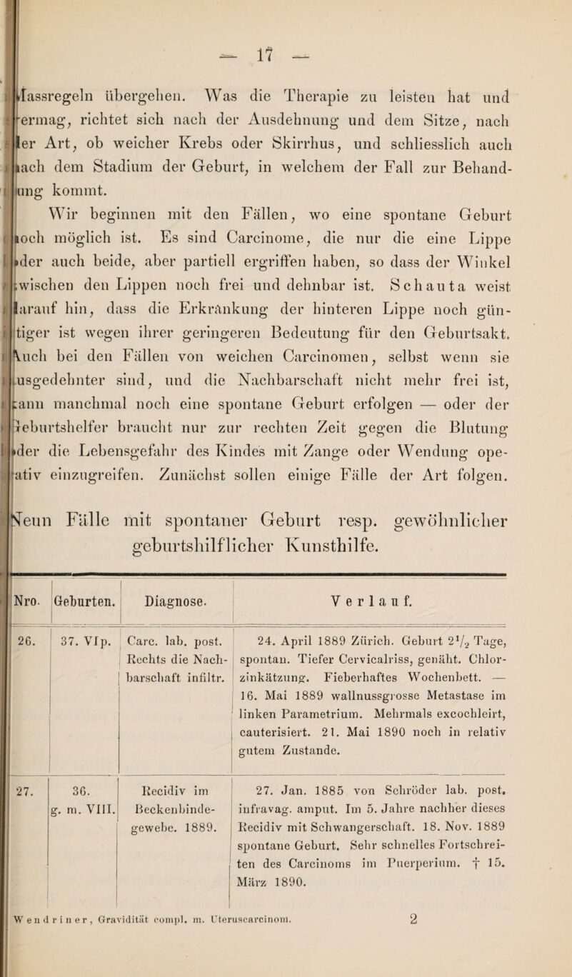 Wassregeln übergehen. Was die Therapie zu leisten hat und fermag, richtet sich nach der Ausdehnung und dem Sitze; nach |er Art, ob weicher Krebs oder Skirrhus, und schliesslich auch ach dem Stadium der Geburt, in welchem der Fall zur Behand¬ lung kommt. Wir beginnen mit den Fällen, wo eine spontane Geburt aocli möglich ist. Es sind Carcinome, die nur die eine Lippe #der auch beide, aber partiell ergriffen haben, so dass der Winkel ||j;wischen den Lippen noch frei und dehnbar ist. Schauta weist larauf hin, dass die Erkrankung der hinteren Lippe noch gün- tiger ist wegen ihrer geringeren Bedeutung für den Geburtsakt. I 1 \uch bei den Fällen von weichen Carcinomen, selbst wenn sie 7 jusgedehnter sind, und die Nachbarschaft nicht mehr frei ist, cann manchmal noch eine spontane Geburt erfolgen — oder der Geburtshelfer braucht nur zur rechten Zeit gegen die Blutung •der die Lebensgefahr des Kindes mit Zange oder Wendung ope¬ rativ einzugreifen. Zunächst sollen einige Fälle der Art folgen. Neun Falle mit spontaner Geburt resp. gewöhnlicher geburtshilflicher Kunsthilfe. Verlauf. 37. VIp. Care. lab. post. 24. April 1889 Zürich. Geburt 2*/2 Tage, Rechts die Nach- spontan. Tiefer Cervicalriss, genäht. Chlor¬ barschaft infiltr. Zinkätzung. Fieberhaftes Wochenbett. — 16. Mai 1889 wallnussgrosse Metastase im linken Parametrium. Mehrmals excochleirt, cauterisiert. 21. Mai 1890 noch in relativ gutem Zustande. 27. Jan. 1885 von Schröder lab. post, infravag. amput. Im 5. Jahre nachher dieses Recidiv mit Schwangerschaft. 18. Nov. 1889 sjjontane Geburt, Sehr schnelles Fortschrei¬ ten des Carcinoms im Puerperium, f 15. März 1890.