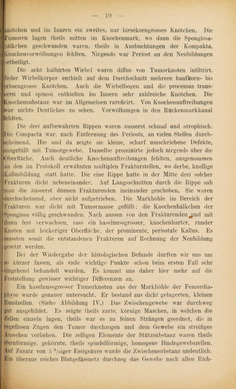 rumoren lagen theils mitten im Knochenmark, wo dann die Spongiosa- )älkchen geschwunden waren, theils in Ausbuchtungen der Kompakta. Knochenvorwölbungen fehlten. Nirgends war Periost an den Neubildungen jetheiligt. Die acht halbirten Wirbel waren diffus von Tumorknoten infiltrirt. Jeder Wirbelkörper enthielt auf dem Durchschnitt mehrere hanfkorn- bis rbsengrosse Knötchen. Auch die Wirbelbogen und die processus trans- cersi und spinosi enthielten im Innern sehr zahlreiche Knötchen. Die Aiiochensubstanz war im Allgemeinen rareficirt. Von Knochenauftreibungen var nichts Deutliches zu sehen. Vorwölbungen in den Rückenmarkkanal fehlten. Die drei aufbewahrten Rippen waren äusserst schmal und atrophisch. Die Compacta war, nach Entfernung des Periosts, an vielen Stellen durch¬ scheinend. Hie und da zeigte sie kleine, scharf umschriebene Defekte, ausgefüllt mit Tumorgewebe. Dasselbe prominirte jedoch nirgends über die Oberfläche. Auch deutliche Knochenauftreibungen fehlten, ausgenommen an den im Protokoll erwähnten multiplen Frakturstellen, wo derbe, knollige Kallusbildung statt hatte. Die eine Rippe hatte in der Mitte drei solcher Frakturen dicht nebeneinander. Auf Längsschnitten durch die Rippe sah man die äusserst dünnen Frakturenden ineinander geschoben. Sie waren durchscheinend, aber nicht aufgetrieben. Die Markhöhle im Bereich der Frakturen war dicht mit Tumormasse gefüllt; die Knochenbälkchen der Spongiosa völlig geschwunden. Nach aussen von den Frakturenden^md mit ihnen fest verwachsen, sass ein haselnussgrosser, knochenharter, runder Knoten mit höckeriger Oberfläche, der prominente, periostale Kallus. Es mussten somit die entstandenen Frakturen auf Rechnung der Neubildung gesetzt werden. Bei der Wiedergabe der histologischen Befunde durften wir uns um so kürzer fassen, als viele wichtige Punkte schon beim ersten Fall sehr eingehend behandelt wurden. Es kommt uns daher hier mehr auf die Feststellung gewisser wichtiger Differenzen an. Ein haselnussgrosser Tumorknoten aus der Markhöhle der Femurdia- pliyse wurde genauer untersucht. Er bestand aus dicht gelagerten, kleinen Rundzellen. (Siehe Abbildung IV.) Das Zwischengewebe war durchweg gut ausgebildet. Es zeigte theils zarte, körnige Maschen, in welchen die Zellen einzeln lagen, theils war es zu feinen Strängen geordnet, die in regellosen Zügen den Tumor durchzogen und dem Gewebe ein streifiges Aussehen verliehen. Die zelligen Elemente der Stützsubstanz waren theils sternförmige, gekörnte, theils spindelförmige, homogene Bindegewebszellen. Auf Zusatz von 5 %iger Essigsäure wurde die Zwischensubstanz undeutlich. Ein überaus reiches Blutgefässnetz durchzog das Gewebe nach allen Rieh-