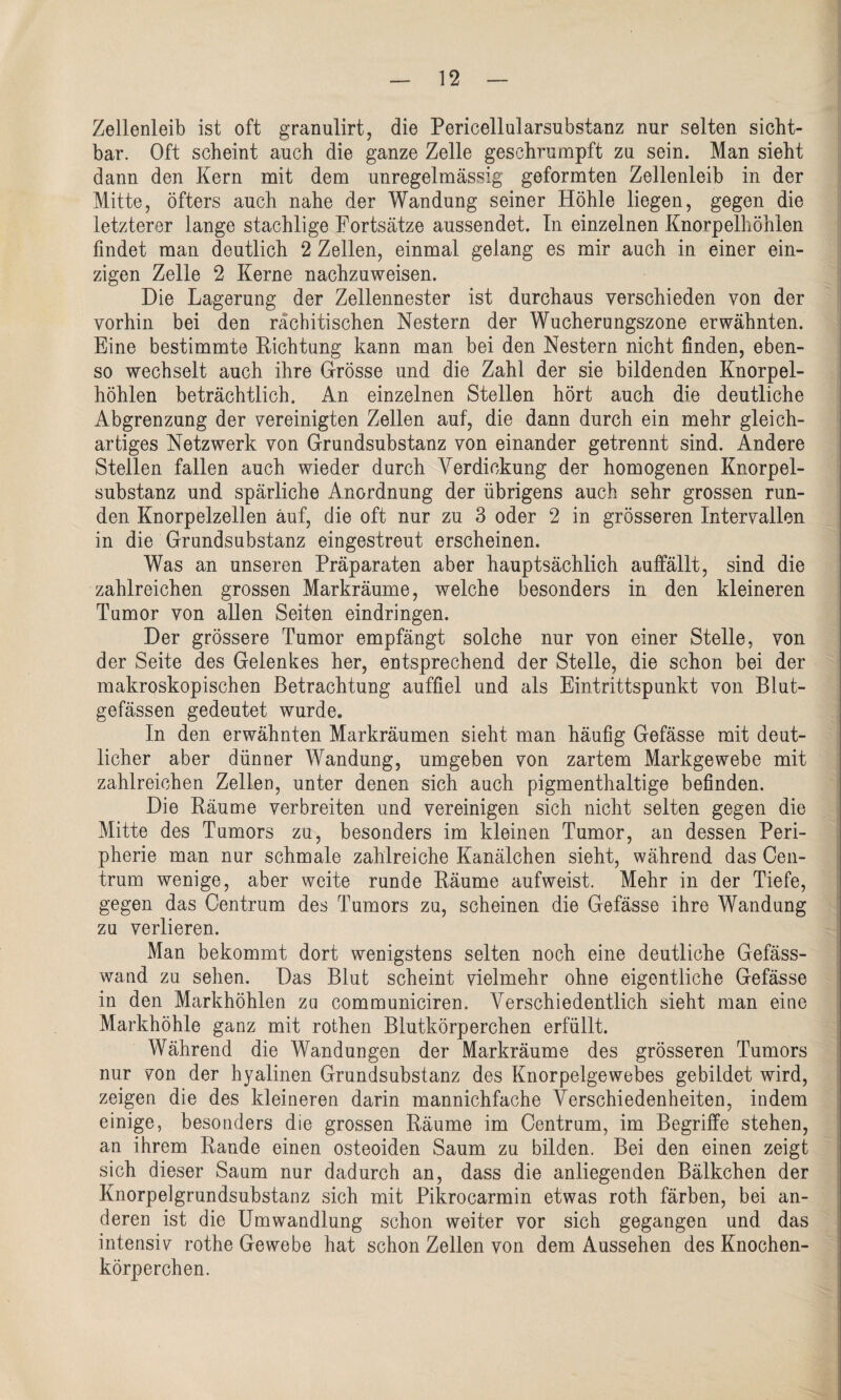 Zellenleib ist oft granulirt, die Pericellularsubstanz nur selten sicht¬ bar. Oft scheint auch die ganze Zelle geschrumpft zu sein. Man sieht dann den Kern mit dem unregelmässig geformten Zellenleib in der Mitte, öfters auch nahe der Wandung seiner Höhle liegen, gegen die letzterer lange stachlige Fortsätze aussendet. In einzelnen Knorpelhöhlen findet man deutlich 2 Zellen, einmal gelang es mir auch in einer ein¬ zigen Zelle 2 Kerne nachzuweisen. Die Lagerung der Zellennester ist durchaus verschieden von der vorhin bei den rachitischen Nestern der Wucherungszone erwähnten. Eine bestimmte Richtung kann man bei den Nestern nicht finden, eben¬ so wechselt auch ihre Grösse und die Zahl der sie bildenden Knorpel¬ höhlen beträchtlich. An einzelnen Stellen hört auch die deutliche Abgrenzung der vereinigten Zellen auf, die dann durch ein mehr gleich¬ artiges Netzwerk von Grundsubstanz von einander getrennt sind. Andere Stellen fallen auch wieder durch A7erdickung der homogenen Knorpel¬ substanz und spärliche Anordnung der übrigens auch sehr grossen run¬ den Knorpelzellen auf, die oft nur zu 3 oder 2 in grösseren Intervallen in die Grundsubstanz eingestreut erscheinen. Was an unseren Präparaten aber hauptsächlich auffällt, sind die zahlreichen grossen Markräume, welche besonders in den kleineren Tumor von allen Seiten eindringen. Der grössere Tumor empfängt solche nur von einer Stelle, von der Seite des Gelenkes her, entsprechend der Stelle, die schon bei der makroskopischen Betrachtung auffiel und als Eintrittspunkt von Blut¬ gefässen gedeutet wurde. In den erwähnten Markräumen sieht man häufig Gefässe mit deut¬ licher aber dünner Wandung, umgeben von zartem Markgewebe mit zahlreichen Zellen, unter denen sich auch pigmenthaltige befinden. Die Räume verbreiten und vereinigen sich nicht selten gegen die Mitte des Tumors zu, besonders im kleinen Tumor, an dessen Peri¬ pherie man nur schmale zahlreiche Kanälchen sieht, während das Cen¬ trum wenige, aber weite runde Räume aufweist. Mehr in der Tiefe, gegen das Centrum des Tumors zu, scheinen die Gefässe ihre Wandung zu verlieren. Man bekommt dort wenigstens selten noch eine deutliche Gefäss- wand zu sehen. Das Blut scheint vielmehr ohne eigentliche Gefässe in den Markhöhlen zu communiciren. Verschiedentlich sieht man eine Markhöhle ganz mit rothen Blutkörperchen erfüllt. Während die Wandungen der Markräume des grösseren Tumors nur von der hyalinen Grundsubstanz des Knorpelgewebes gebildet wird, zeigen die des kleineren darin mannichfache Verschiedenheiten, indem einige, besonders die grossen Räume im Centrum, im Begriffe stehen, an ihrem Rande einen osteoiden Saum zu bilden. Bei den einen zeigt sich dieser Saum nur dadurch an, dass die anliegenden Bälkchen der Knorpelgrundsubstanz sich mit Pikrocarmin etwas roth färben, bei an¬ deren ist die Umwandlung schon weiter vor sich gegangen und das intensiv rothe Gewebe hat schon Zeilen von dem Aussehen des Knochen¬ körperchen.