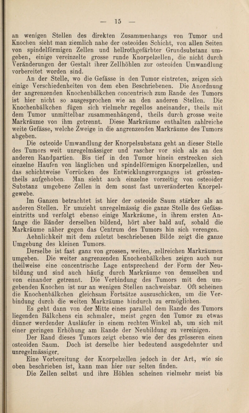 an wenigen Stellen des direkten Zusammenhangs von Tumor und Knochen sieht man ziemlich nahe der osteoiden Schicht, von allen Seiten von spindelförmigen Zellen und hellrothgefärbter Grundsubstanz um¬ geben, einige vereinzelte grosse runde Knorpelzellen, die nicht durch Veränderungen der Gestalt ihrer Zellhöhlen zur osteoiden Umwandlung vorbereitet worden sind. An der Stelle, wo die Gefässe in den Tumor eintreten, zeigen sich einige Verschiedenheiten von dem eben Beschriebenen. Die Anordnung der angrenzenden Knochenbälkchen concentrisch zum Rande des Tumors ist hier nicht so ausgesprochen wie an den anderen Stellen. Die Knochenbälkchen fügen sich vielmehr regellos aneinander, theils mit dem Tumor unmittelbar zusammenhängend, theils durch grosse weite Markräume von ihm getrennt. Diese Markräume enthalten zahlreiche weite Gefässe, welche Zweige in die angrenzenden Markräume des Tumors abgeben. Die osteoide Umwandlung der Knorpelsubstanz geht an dieser Stelle des Tumors weit unregelmässiger und rascher vor sich als an den anderen Randpartien. Bis tief in den Tumor hinein erstrecken sich einzelne Haufen von länglichen und spindelförmigen Knorpelzellen, und das schichtweise Vorrücken des Entwicklungsvorganges ist grössten- theils aufgehoben. Man sieht auch einzelne vorzeitig von osteoider Substanz umgebene Zellen in dem sonst fast unveränderten Knorpel¬ gewebe. Im Ganzen betrachtet ist hier der osteoide Saum stärker als an anderen Stellen. Er umzieht unregelmässig die ganze Stelle des Gefäss- eintritts und verfolgt ebenso einige Markräume, in ihrem ersten An¬ fänge die Ränder derselben bildend, hört aber bald auf, sobald die Markräume näher gegen das Centrum des Tumors hin sich verengen. Aehnlichkeit mit dem zuletzt beschriebenen Bilde zeigt die ganze Umgebung des kleinen Tumors. Derselbe ist fast ganz von grossen, weiten, zellreichen Markräumen umgeben. Die weiter angrenzenden Knochenbälkchen zeigen auch nur theilweise eine cöncentrische Lage entsprechend der Form der Neu¬ bildung und sind auch häufig durch Markräume von demselben und von einander getrennt. Die Verbindung des Tumors mit den um¬ gebenden Knochen ist nur an wenigen Stellen nachweisbar. Oft scheinen die Knochenbälkchen gleichsam Fortsätze auszuschicken, um die Ver¬ bindung durch die weiten Markräume hindurch zu ermöglichen. Es geht dann von der Mitte eines parallel dem Rande des Tumors liegenden Bälkchens ein schmaler, meist gegen den Tumor zu etwas dünner werdender Ausläufer in einem rechten Winkel ab, um sich mit einer geringen Erhöhung am Rande der Neubildung zu vereinigen. Der Rand dieses Tumors zeigt ebenso wie der des grösseren einen osteoiden Saum. Doch ist derselbe hier bedeutend ausgedehnter und unregelmässiger. Eine Vorbereitung der Knorpelzellen jedoch in der Art, wie sie oben beschrieben ist, kann man hier nur selten finden. Die Zellen selbst und ihre Höhlen scheinen vielmehr meist bis