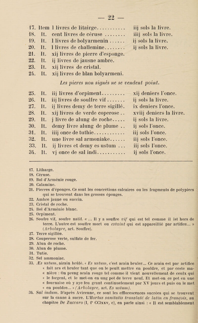 18. It. cent livres de céruse.. 19. It. 1 livres de bolyarmenin. 20. It. 1 livres de cliallemine. 21. It. xij livres de pierre d’esponge. 22. It. ij livres de jausne ambre. 23. It. xij livres de cristal. 24. It. xij livres de blan bolyarmeni. Les pieres non signés ne se vendent point. 25. It. iij livres d’orpiment.. xij deniers Fonce. 26. It. iij livres de soulfre vif. ij sols la livre. 27. It. ij livres demy de terre sigillé. ix deniers Fonce. 28. It. xij livres de verde coperose .. xviij deniers la livre. 29. It. j livre de alung de roche. ij sols la livre. 30. It. demy livre alung de plume .. ij sols Fonce. 31. It. iiij once de tutliie. iij sols Fonce. 32. It. une livre sal armoniake. iij sols Fonce. 33. It. ij livres et demy es ustum ... iij sols Fonce. 34. It. vj once de sal indi. ij sols Fonce. iiij sols la livre, ij sols la livre, ij sols la livre. 17. Litharge. 18. Céi’use. 19. Bol d’Arménie rouge. 20. Calamine. 21. Pierres d’éponges. Ce sont les concrétions calcaires ou les fragments de polypiers qui se trouvent dans les grosses éponges. 22. Ambre jaune ou succin. 23. Cristal de roche. 24. Bol d’Arménie blanc. 25. Orpiment. 26. Soufre vif, soufre natif. «... Il y a souffre vif qui est tel comme il ist hors de terre. L’autre est souffre mort ou estaint qui est appareillié par artifice... » {Arbolayre, art. Souffre). 27. Terre sigillée. 28. Couperose verte, sulfate de fer. 29. Alun de roche. 30. Alun de plume. 31. Tutie. 32. Sel ammoniac. 33. Æs ustum, airain brûlé. « Es ustum, c’est arain brûler... Ce arain est par artifice « fait ars et brûler tant que on le peult mettre en pouldre, et par ceste ma- « nière : On preng arain rouge tel comme il vient nouvellement de ceulx qui « le forgent, et le met-on en ung pot de terre neuf. Et met-on ce pot en une « fournaise où y aye feu grant continuelement par XV jours et puis on le met « en pouldre... y> fArbolayre, art. Es ustum). 34. Sal indum. D’après Avicenne, ce sont les efflorescences sucrées qui se trouAent sur la canne à sucre. VHortus sanitatis translaté de latin en franœis, au chapitre De Zuccaro (I, P CClxxv, c), en parle ainsi : « Il est semblablement