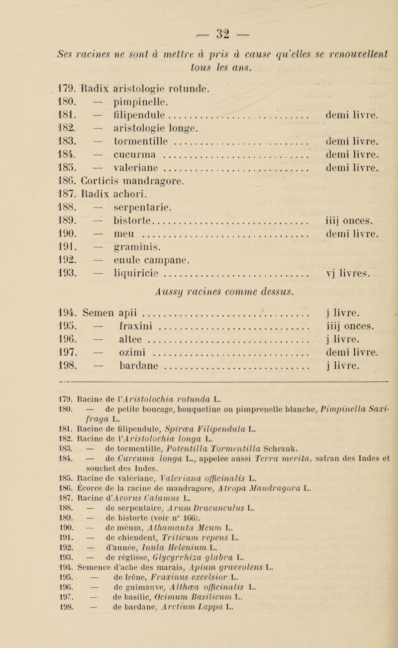 Ses racines ne sont à mettre à pris à cause qu elles se renouvellent tous les ans. 179. Radix aristologie rotunde. 180. — pimpinelle. 181. — fîlipendule.... demi livre. 182. — aristologie longe. 183. — tormentille. demi livre. 184. — cucurma . demi livre. 183. — valériane. demi livre. 186. Gorticis mandragore. 187. Radix achori. 188. — serpentarie. 189. — historié. iiij onces. 190. — meu . demi livre. 191. — graminis. 192. — enule campane. 193. — liquiricie. vj livres. Aussy racines comme dessus. 194. Semen apii. j livre. 193. — fraxini . iiij onces. 196. — altee. j livre. 197. — ozimi . demi livre. 198. — bardane. j livre. 179. Racine de VAristolochia rotunda L. 180. — de petite boucage, bouquetine ou piinpreuelle blanche, Pimpinella Saxi- fraga L. 181. Racine de filipendule, Spirœa Füipendula L. 182. Racine de VAristolochia longa L. 183. — de tormentille, Potentilla Tormentilla Schrank. 184. — de Curcuma longa L., appelée aussi Terra mérita, safran des Indes et soucliet des Indes. 185. Racine de yalériane, Valeriana officinalis L. 18G. Écorce de la racine de mandragore, Atropa Mandragora L. 187. Racine d’Acoîms Calamus L. 188. — de serpentaire. Arum Dracunculus L. 189. — de bistorte (voir n° 166). 190. — de méum, Athamanta Meum L. 191. — de chiendent, Triticum re'pens L. 192. — d’année, Imila Heleninm L. 193. — de réglisse, Glycyrrhi:^a glabra L. 194. Semence d’ache des marais, Apium graveolens L. 195. — de frêne, Fraxinus excelsior L. 196. — de guimauve, .4q/iœa officinalis L. 197. — de basilic, Ocimum Dasilicum L. 198. — de bardane, Arctium Lappa L.
