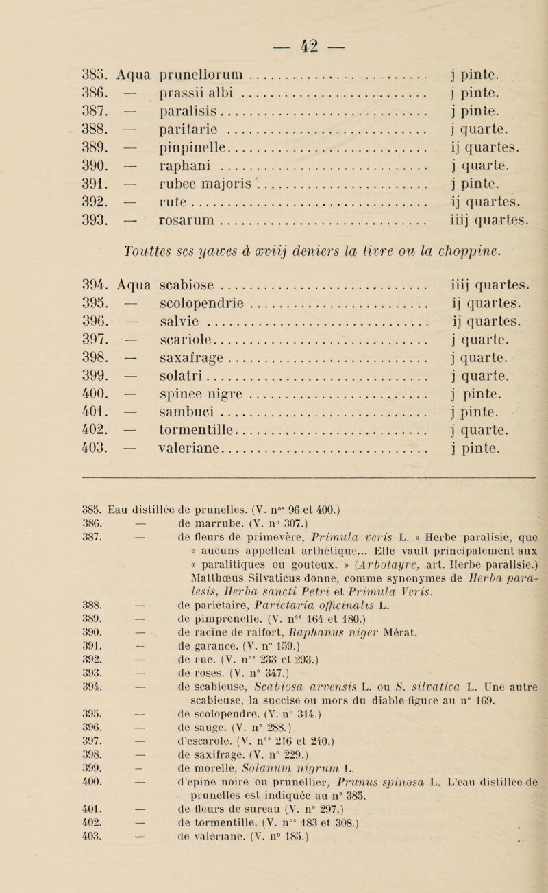 385. Aqaa primelioiuni. j pinte. 386. — prassii albi . j pinte. 387. — paralisis. j pinte. 388. — paritarie . j quarte. 389. — pinpinelle. ij quartes. 390. — raphani . j quarte. 391. — rubee majoris '... j pinte. 392. — rute. ij quartes. 393. — rosarum. iiij quartes. Touttes ses yatoes à xniij deniers la livre ou la choppine. 394. Aqua scabiose. iiij quartes. 395. — scolopendrie. ij quartes. 396. — salvie .. ij quartes. 397. — scariole. j quarte. 398. — saxafrage... j quarte. 399. — solatri. j quarte. 400. — spinee nigre. j pinte. 401. — sambuci. j pinte. 402. — tormentille. j quarte. 403. — valériane. j pinte. 385. Eau distillée de prunelles. (V. n® 96 et 400.) 386. — de marrube. (V. n” 307.) 387. — de fleurs de primevère, Primula verts L. « Herbe paralisie, que « aucuns appellent arthétique... Elle vault principalement aux « paralitiques ou gouteux. » (Ârbolayve, art. Herbe paralisie.) Matthœus Silvaticus donne, comme synonymes de Herba para- lesis, Herba sancti Pétri et Primula Veris. 388. — de pariétaire, Parietaria officinalis L. 389. — de pimprenelle. (Y. n°' 164 et 180.) 390. — de racine de raifort, Raphanus niger Mérat. 391. — de garance. {V. n° 159.) 392. — de rue. (V. 11“' 233 et 293.) 393. — de roses. (V. n 347.) 394. — de scabieuse, Scabiosa arveusis L. ou 8'. silratica L. Une autre scabieuse, la succise ou mors du diable figure au 11“ 169. 395. — de scolopendre. (V. 11° 314.) 396. — de sauge. (V. n° 288.) 397. — d’escarole. (V. 216 et 240.) 398. — de saxifrage. (V. n° 229.) 399. - de morelle, Solanum nigrum L. 400. — d’épine noii’e ou prunellier. Prunus spinosa L. L’eau distillée de prunelles est indiquée au 11° 385. 401. — de fleurs de sureau (V. n“ 297.) 402. — de tormentille. (V. n“' 183 et 308.) 403. — de valériane. (V. n® 185.)