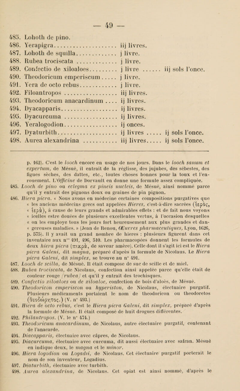 485. Loliolli de pino. 486. Yerapigra. 487. Lohoth de squilla. 488. RLd)ea trociscata. 489. Coiifectio de xiloaloes. 490. ïheodoricum emperisciini. 491. Yera de octo rebus. 492. Filoantropos. 493. Theodoriciim anacardiniim_ 494. Dyacapparis. 495. Dyacurcuma. 496. Y'eralogodion. 497. Dyaturbilh. 498. Aurea alexandrina . iij livres, i livre, j livre. j livre . iij sols l’once. j livre, j livre, iij livres, ij livres, ij livres, ij livres, ij onces. ij livres. ij sols l’once. iij livres. ij sols l’once. p. 162). C’est le looch encore en usage de nos jours. Dans le looch sanum et expertum, de Mésué, il entrait de la réglisse^ des jujubes, des sébesles, des figues sèches, des dattes, etc., toutes choses bonnes pour la toux et l’en¬ rouement. VOfficine de Dorvault en donne une formule assez compliquée. 485. Looch de pino ou eclegma ex pineis nucleis, de Mésué, ainsi nommé parce qu’il y entrait des pignons doux ou graines de pin pignon. 480. niera picra. « Nous avons en médecine certaines compositions purgatives que « les anciens médecins grecs ont appelées Hieres, c’est-à-dire sacrées (lepoç, « i£pà), à cause de leurs grands et admirables etlets : et de fait nous voyons « icelles estre douées de plusieurs excellentes vertus, à l’occasion desquelles « on les employé tous les jours fort heureusement aux plus grandes et dan- « gereuses maladies. » (Jean de Renou, OEuvres pharmaceutiques, Lyon, 1626, p. 575). 11 y avait un grand nombre de hieres : plusieurs figurent dans cet inventaire aux n°’ 491, 490, 510. Les pharmacopées donnent les formules de deux /liera picra (Tcixpà, de saveur amère). Celle dont il s’agit ici est le Hiera picra Galeni, dit magna, préparé d’après la formule de Nicolaus. Le Hiera picra Galeni, dit simplex, se trouve au n“ 491. 487. Looch de scilla, de Mésué. Il était compose de suc de scille et de miel. 488. Rubea trociscata, de Nicolaus, confection ainsi appelée parce qu’elle était de couleur rouge frubeaj et qu’il y entrait des trochisques. 489. Confectio xiloaloes ou de xiloaloe, confection de bois d’aloès, de Mésué. 490. Theodoricon emperiscon ou hyperiston, de Nicolaus, électuaire purgatif. Plusieurs médicamenls portaient le nom de theodoricon ou theodoretos (6£o5o)pr,TOc;.) (V. n 493.) 491. Hiera de octo rebus, c’est le Hiera picra Galeni, dit simplex, préparé d’après la formule de Mésué. 11 était composé de huit drogues différentes. 492. Fhilantropos. (V. le n“ 474.) 493. Theodoriciim anacardinum, de Nicolaus, autre électuaire purgatif, contenant de l’anacarde. 494. Diacapparis, électuaire avec câpres, de Nicolaus. 495. Diacurcuma, électuaire avec curcuma, dit aussi électuaire avec safran. Mésué en indique deux, le magna et le minor. 496. Hiera logodion ou Logadii, de Nicolaus. Cet électuaire purgatif porterait le nom de son inventeur, Logadius. 497. Diaturbith, électuaire avec turbith. 498. Aurea alexandrina, de Nicolaus. Cet opiat est ainsi nommé, d’après le