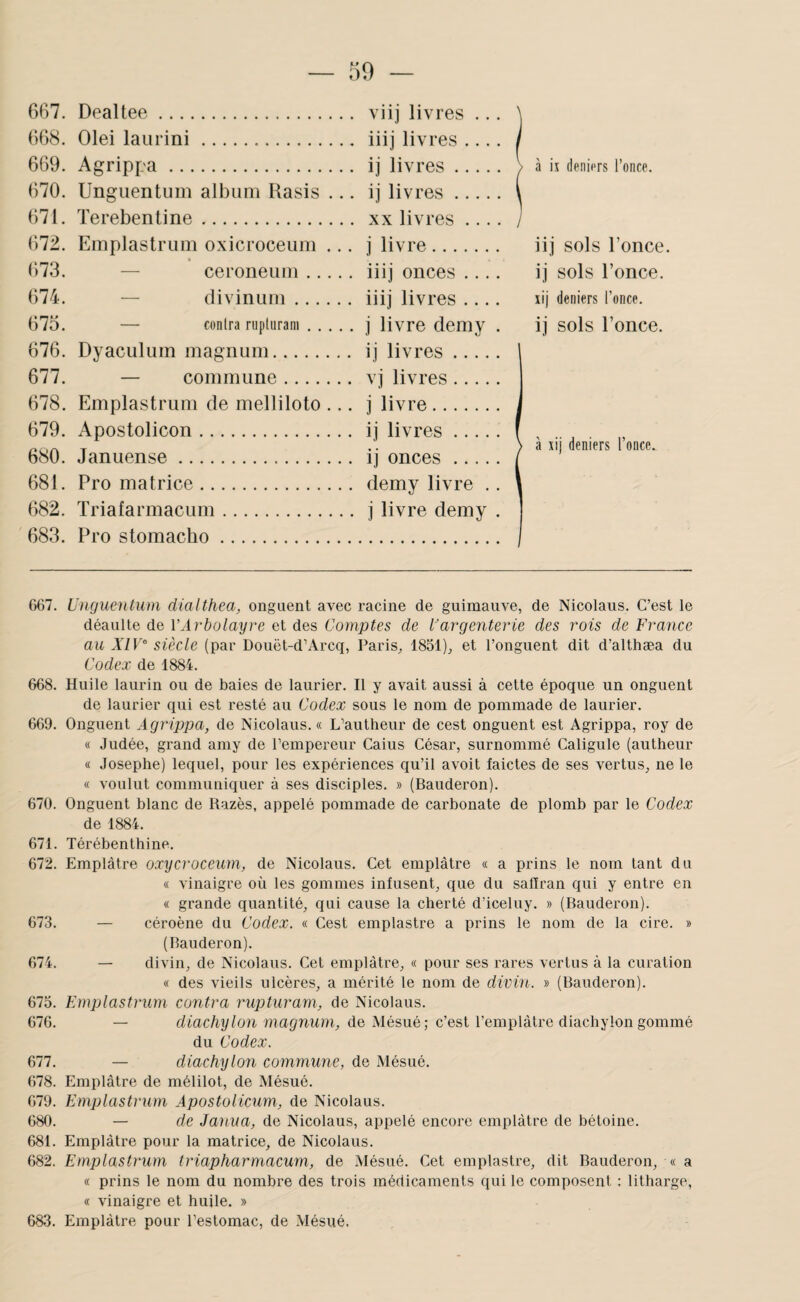 667. Dealtee. viij livres ... 668. Olei laurini. iiij livres .... j 669. Agrippa. ij livres. à is deniers l’once. 670. Ungiientum album Rasis ... ij livres. \ 671. Terebentine. XX livres .... 672. Emplastrum oxicroceum ... j livre. iij sols Ponce 673. — ceroneum. iiij onces .... ij sols Ponce. 674. — divinum. iiij livres .... lij deniers l’once. (>75. — conlra rupturam. j livre demy . ij sols Ponce. 676. Dyaculum magnum. ij livres ..... 677. — commune. vj livres. 678. Emplastrum de melliloto ... j livre. i 679. Apostolicon. ij livres. | à xij deniers l’once. 680. Januense . ij onces. / 681. Pro matrice. demy livre .. ' 682. Triafarmacum. j livre demy . 683. Pro stomaclio. 667. Unguentiim dialthea, ongaent avec racine de guimauve, de Nicolaus. C’est le déaulte de r.lrôo/ayre et des Comptes de l'argenterie des rois de France au XIV° siècle (par Douët-d’Arcq, PariS;, 1851), et l’onguent dit d’althæa du Codex de 1884. 668. Huile laurin ou de baies de laurier. Il y avait aussi à cette époque un onguent de laurier qui est resté au Codex sous le nom de pommade de laurier. 669. Onguent Agrippa, de Nicolaus. « L’autheur de cest onguent est Agrippa, roy de « Judée, grand amy de l’empereur Caius César, surnommé Caligule (autheur « Josephe) lequel, pour les expériences qu’il avoit faictes de ses vertus, ne le « voulut communiquer à ses disciples. » (Bauderon). 670. Onguent blanc de Razès, appelé pommade de carbonate de plomb par le Codex de 1884. 671. Térébenthine. 672. Emplâtre oxycroceum, de Nicolaus. Cet emplâtre « a prins le nom tant du « vinaigre où les gommes infusent, que du salîran qui y entre en « grande quantité, qui cause la cherté d’iceluy. » (Bauderon). 673. — céroène du Codex. « Cest emplastre a prins le nom de la cire. » (Bauderon). 674. — divin, de Nicolaus. Cet emplâtre, « pour ses rares vertus à la curation « des vieils ulcères, a mérité le nom de divin. » (Bauderon). 675. Emplastrum contra rupturam, de Nicolaus. 676. — diachylon magnum, de Mésué; c’est l’emplâtre diachylon gommé du Codex. 677. — diachylon commune, de Mésué. 678. Emplâtre de mélilot, de Mésué. 679. Emplastrum Apostolicum, de Nicolaus. 680. — de Janua, de Nicolaus, appelé encore emplâtre de bétoine. 681. Emplâtre pour la matrice, de Nicolaus. 682. Emplastrum triapharmacum, de Mésué. Cet emplastre, dit Bauderon, « a « prins le nom du nombre des trois médicaments qui le composent : litharge, « vinaigre et huile. » 683. Emplâtre pour l’estomac, de Mésué.