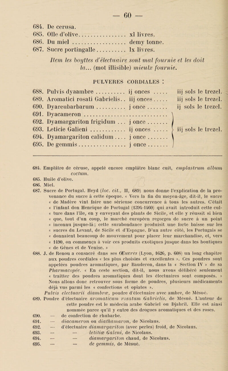 684. De ceriisa. 685. 011e d’olive. xl livres. 686. Du miel. demy tonne. 687. Sucre portingalle. Ix livres. Item les boyttes d’électuaire sont mal fourme et les doit la,., (mot illisible) mieulx fournie. PULVERES CORDIAL 688. Pulvis dyaambre. ij onces 689. Aromatici rosati Gabrielis.. iij onces 690. Dyareubarbarum. j once .. 691. Dyacameron. 692. Dyamargariton frigidum .. . j once .. 693. Leticie Galieni. ij onces 694. Dyamargariton calidum .... j once .. 695. De gemmis. j once .. ES : iij sols le trezel. iij sols le trezel. ij sols le trezel. iij sols le trezel. 684. Emplâtre de céruse^ appelé encore emplâtre blanc cuit, emplastrum album coctum. 685. Huile d’olive. 686. Miel. 687. Sucre de Portugal. Heyd (loc. cit., II, 689) nous donne l’explication de la pro¬ venance du sucre à cette époque. « Vers la fin du moyen-âge, dit-il, le sucre « de Madère vint faire une sérieuse concurrence à tous les autres. C’était « l’infant don Henrique de Portugal (1394-1460) qui avait introduit cette cul- « ture dans Pile, en y envoyant des plants de Sicile, et elle y réussit si bien (( que, tout d’un coup, le marché européen regorgea de sucre à un point « inconnu jusque-là; cette surabondance produisit une forte baisse sur les « sucres du Levant, de Sicile et d’Espagne. D’un autre côté, les Portugais se « donnaient beaucoup de mouvement pour placer leur marchandise, et, vers « 1490, on commença à voir ces produits exotiques jusque dans les boutiques « de Gênes et de Venise. » 688. J. de Renou a consacré dans ses QEuvres (Lyon, 1626, p. 608) un long chapitre aux poudres cordiales « les plus choisies et excellentes ». Ces poudres sont appelées poudres aromatiques, par Bauderon, dans la « Section IV » de sa Pharmacopée. « En ceste section, dit-il, nous avons délibéré seulement « traitter des poudres aromatiques dont les électuaires sont composés. » Nous allons donc retrouver sous forme de poudres, plusieurs médicaments déjà vus parmi les « confections et opiates ». Pulvis electuarii diambrœ, poudre d’électuaire avec ambre, de Mésoé. 689. Poudre d’électuaire aromaticum rosatum Gabrielis, de Mésué. L’auteur de cette poudre est le médecin arabe Gabriel ou Djabril. Elle est ainsi nommée parce qu’il y entre des drogues aromatiques et des roses. 690. — de confection de rhubarbe. 691. — diacameron ou diathamaron, de Nicolaus. 692. — d’électuaire diamargariton (avec perles) froid, de Nicolaus. 693. — — letitiœ Galeni, de Nicolaus. 694. — — diamargariton chaud, de Nicolaus. 695. — de gemmis, de Mésué.