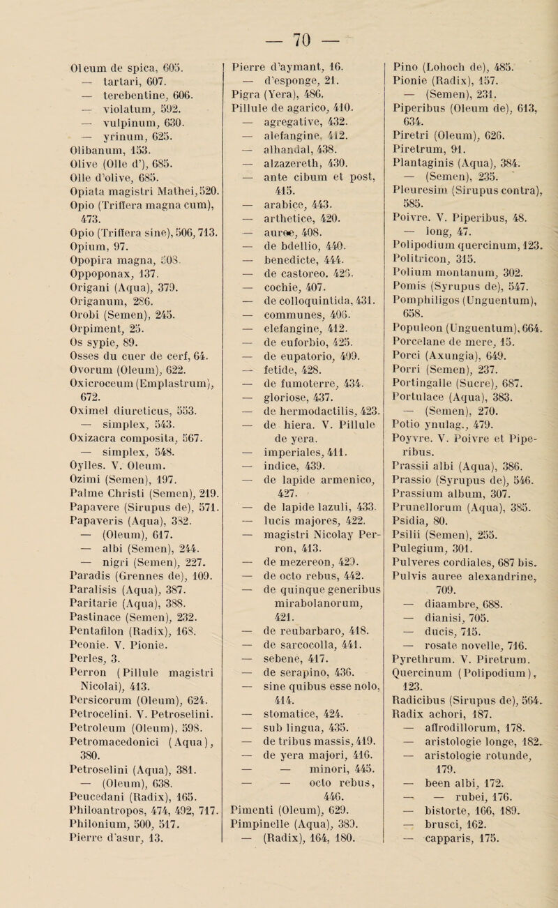 01 eum de spica, 605. — tartari, 607. — terebontine, 606. — violatuni;, 592. — vulpinum, 630. — yrinum, 623. Olibanum, 153. Olive (011e cl’), 685. 011e d’olive, 685. Opiata magistri Mathei,520. Opio (Trifîera magna cum), 473. Opio (Triflera sine), 506,713. Opium, 97. Opopira magna, 503. Oppoponax, 137. Origani (Aciua), 379. Origaniim, 286. Orobi (Semen), 245. Orpiment, 25. Os sypie, 89. Osses du cuer de cerf, 64. Ovorum (Oleum), 622. Oxicroceum (Emplastrum), 672. Oximel diureticus, 553. — simplex, 543. Oxizacra composita, 567. — simplex, 548. Oylles. V. Oleum. Ozimi (Semen), 197. Palme Christi (Semen), 219. Papavere (Sirupus de), 571. Papaveris (Aqua), 332. — (Oleum), 617. — albi (Semen), 244. — nigri (Semen), 227. Paradis (Grennes de), 109. Paralisis (Aqua), 387. Paritarie (Aqua), 388. Pastinace (Semen), 232. Pentafilon (Radix), 168. Peonie. V. Pionie. Perles, 3. Perron (Pillule magistri Nicolai), 413. Persicorum (Oleum), 624. Petrocelini. V. Petroselini. Petroleum (Oleum), 598. Petromacedonici ( Aqua ), 380. Petroselini (Aqua), 381. — (Oleum), 638. Peucedani (Radix), 165. Philoantropos, 474, 492, 717. Philonium, 500, 317. Pierre d’asur, 13. Pierre d’aymant, 16. — d’esponge, 21. Pigra (Yera), 486. Pillule de agarico, 410. — agrégative, 432. — alefangine, 412. — alhandal, 438. — alzazereth, 430. — ante cibum et post, 415. — arabice, 443. — arthetice, 420. — auree, 408. — de bdellio, 440. — benedicte, 444. — de castoreo. 423. — cochie, 407. — de colloquintida, 431. — communes, 408. — elefangine, 412. — de euforbio, 425. — de eupatorio, 409. — fetide, 428. — de fumoterre, 434. — gloriose, 437. — de hermodactilis, 423. — de hiera. V. Pillule de yera. — impériales, 411. — indice, 439. — de lapide arménien, 427. — de lapide lazuli, 433. — lucis majores, 422. — magistri Nicolay Per¬ ron, 413. — de mezereon, 429. — de octo rebus, 442. — de quinque generibus mirabolanorum, 421. — de reubarbaro, 418. — de sarcocolla, 441. — sebene, 417. — de serapino, 436. — sine quibus esse nolo, 414. — stomatice, 424. — su b lingua, 435. — de tribus massis, 419. — de yera majori, 416. — — minori, 443. — — octo rebus, 446. Pimenti (Oleum), 629. Pimpinelle (Aqua), 389. — (Radix), 164, 180. Pino (Lohoch de), 485. Pionie (Radix), 157. — (Semen), 231. Piperibus (Oleum de), 613, 634. Piretri (Oleum), 626. Piretrum, 91. Plantaginis (Aqua), 384. — (Semen), 235. Pleuresim (Sirupus contra), 585. Poivre. V. Piperibus, 48. — long, 47. Polipodium quercinum, 123. Politricon, 315. Polium montanum, 302. Pomis (Syrupus de), 347. Pomphiligos (Unguentum), 658. Populeon (Unguentum), 664. Porcelane de mere, 15. Porci (Axungia), 649. Porri (Semen), 237. Portingalle (Sucre), 687. Portulace (Aqua), 383. — (Semen), 270. Potio ynulag., 479. Poyvre. V. Poivre et Pipe- ribus. Prassii albi (Ac£ua), 386. Prassio (Syrupus de), 546. Prassium album, 307. Prunellorum (Aqua), 385. Psidia, 80. Psilii (Semen), 253. Pulegium, 301. Pulveres cordiales, 687 bis. Pulvis auree alexandrine, 709. — diaambre, 688. — dianisi, 705. — ducis, 715. — rosate novelle, 716. Pyrethrum. V. Piretrum. Quercinum ( Polipodium ), 123. Radicibus (Sirupus de), 564. Radix achori, 187. — aflrodillorum, 178. — aristologie longe, 182. — aristologie rotunde, 179. — been albi, 172. — — rubei, 176. — bistorte, 166, 189. — brusci, 162. — capparis, 173.